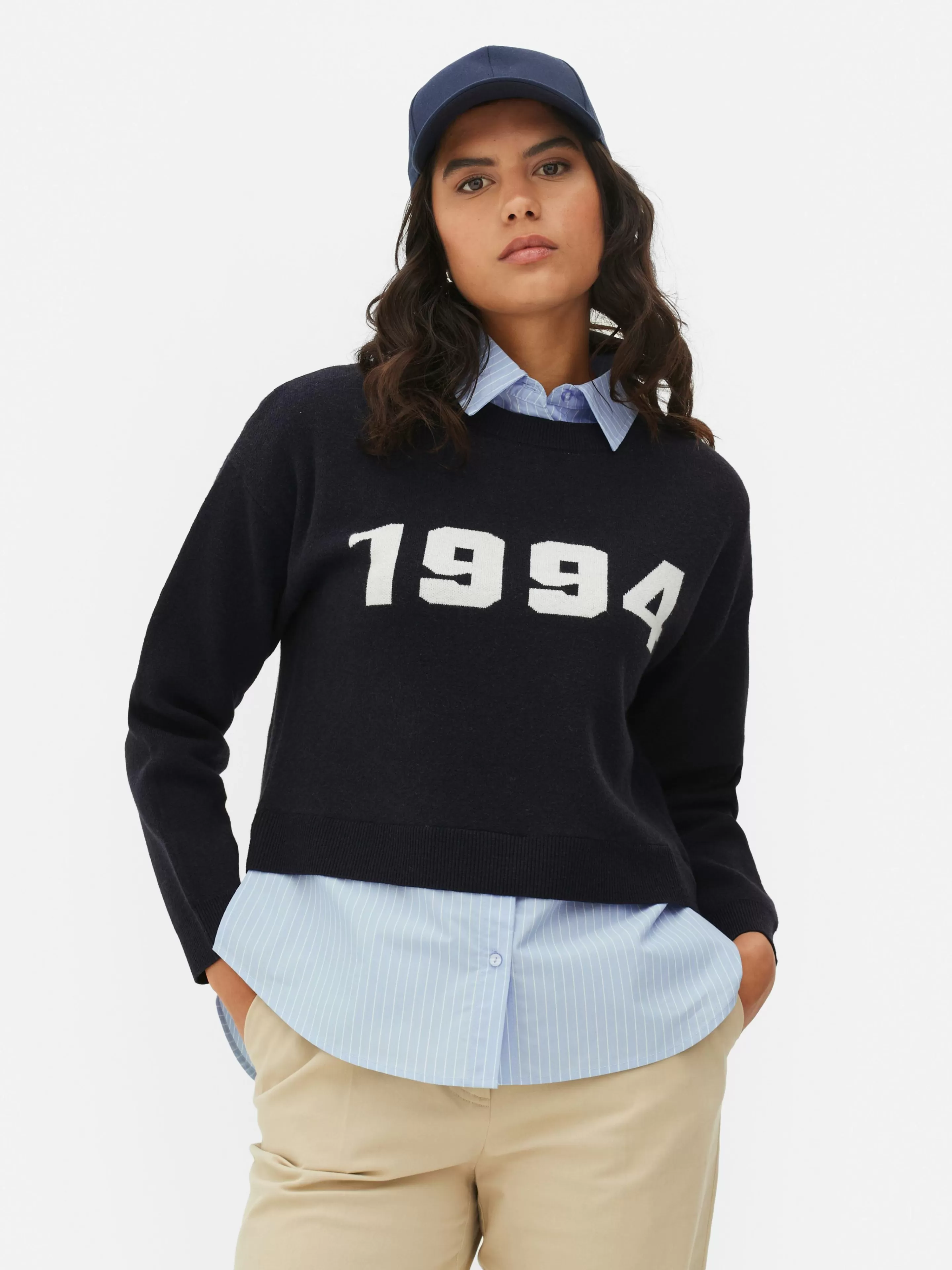 Primark Pullover Und Cardigans | 2-in-1-Set Aus Strickpullover Mit Slogan Und Hemd Marineblau