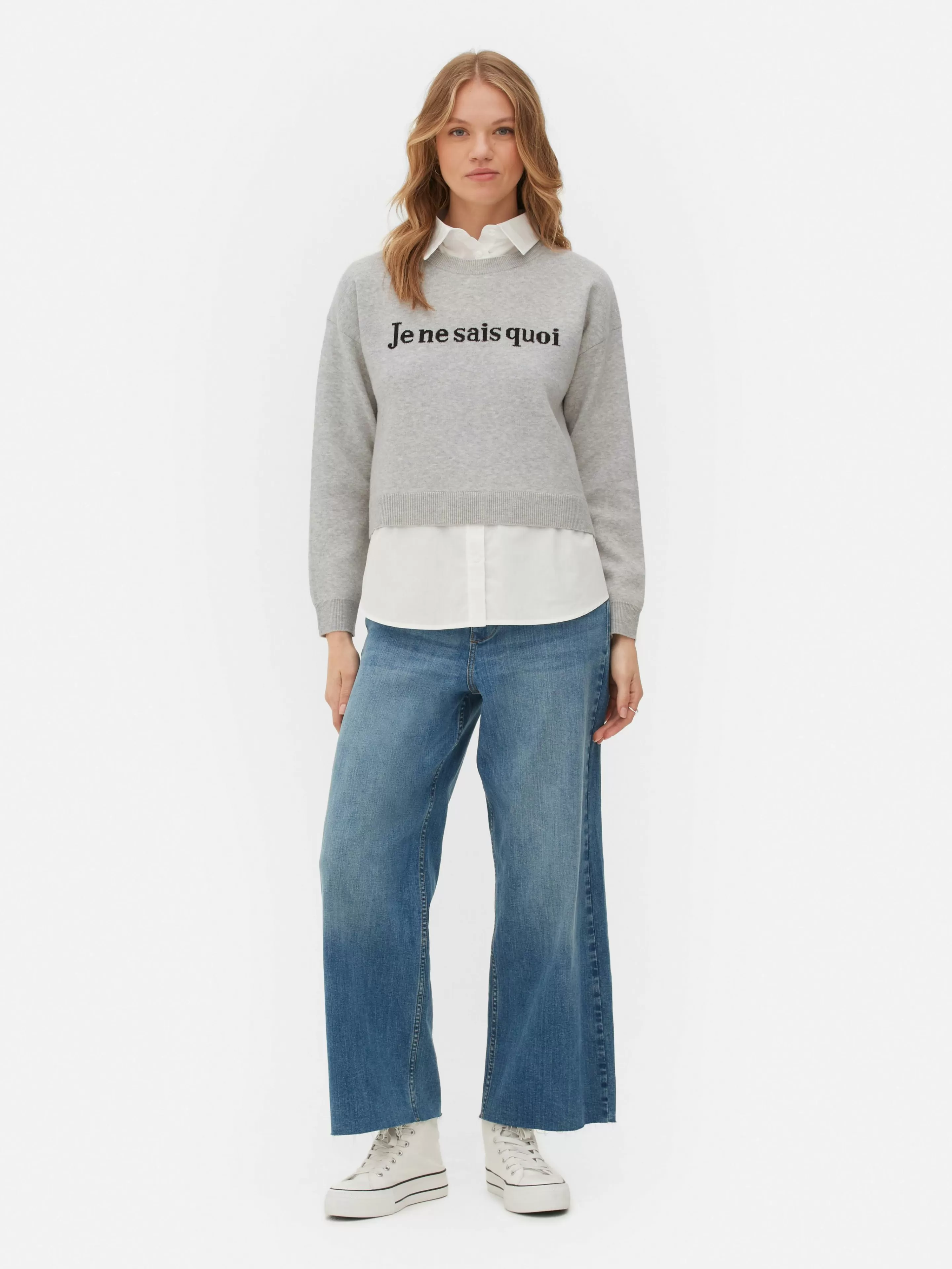 Primark Pullover Und Cardigans | 2-in-1-Set Aus Strickpullover Mit Slogan Und Hemd Grau