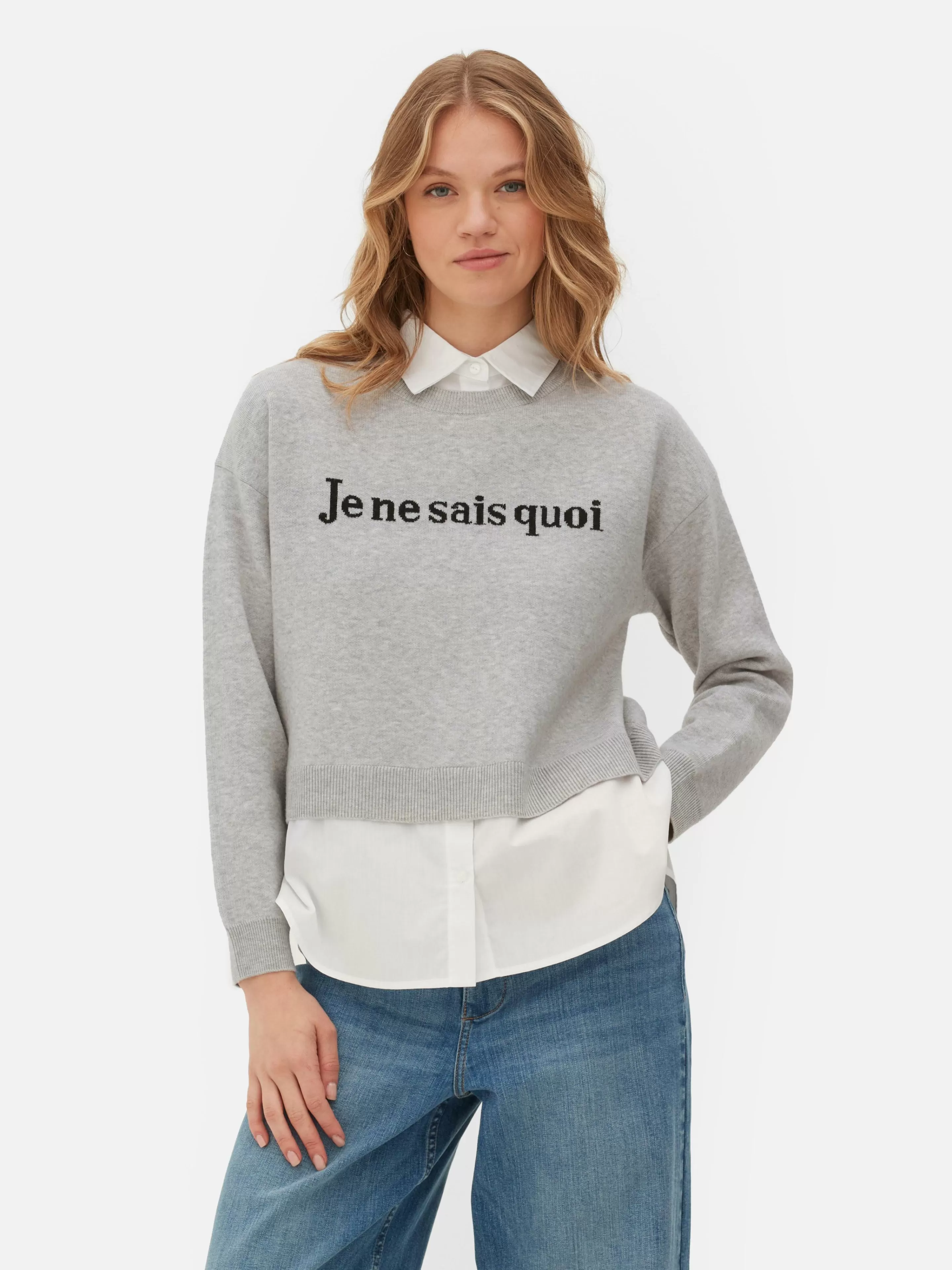 Primark Pullover Und Cardigans | 2-in-1-Set Aus Strickpullover Mit Slogan Und Hemd Grau