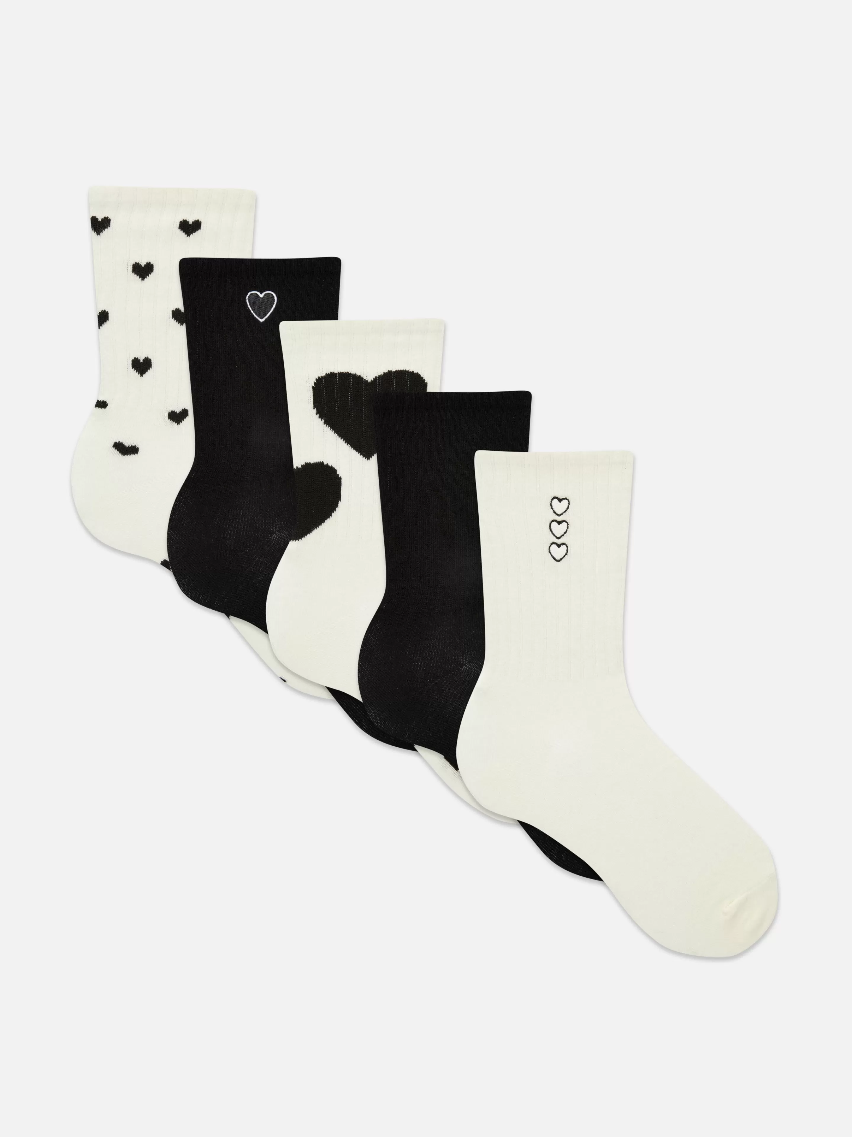 Primark Socken | Crew-Socken Mit Herzmuster, 5er-Pack Schwarz/Weiß