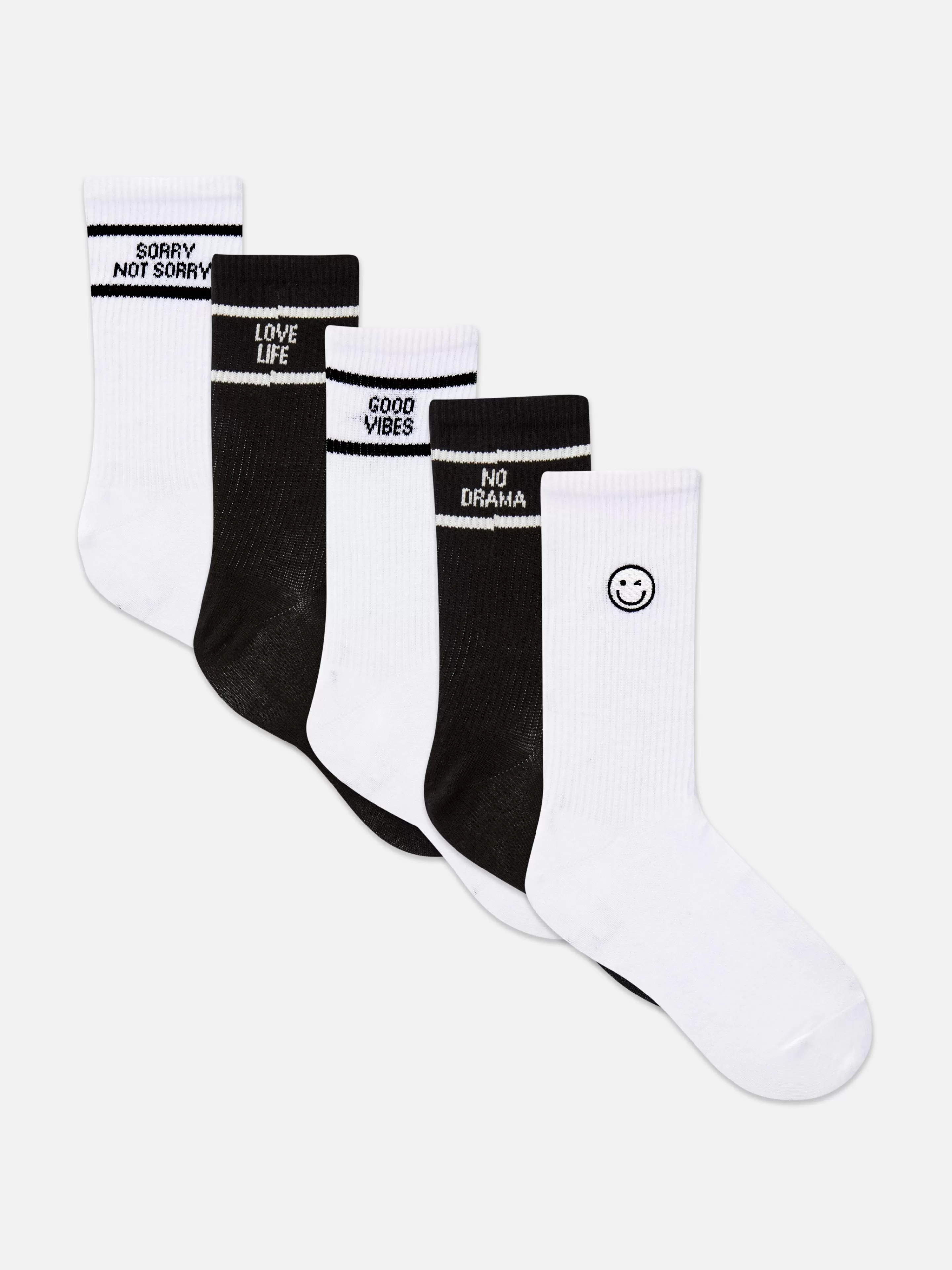 Primark Socken | Crew-Socken Mit Slogan, 5er-Pack Weiß/Schwarz