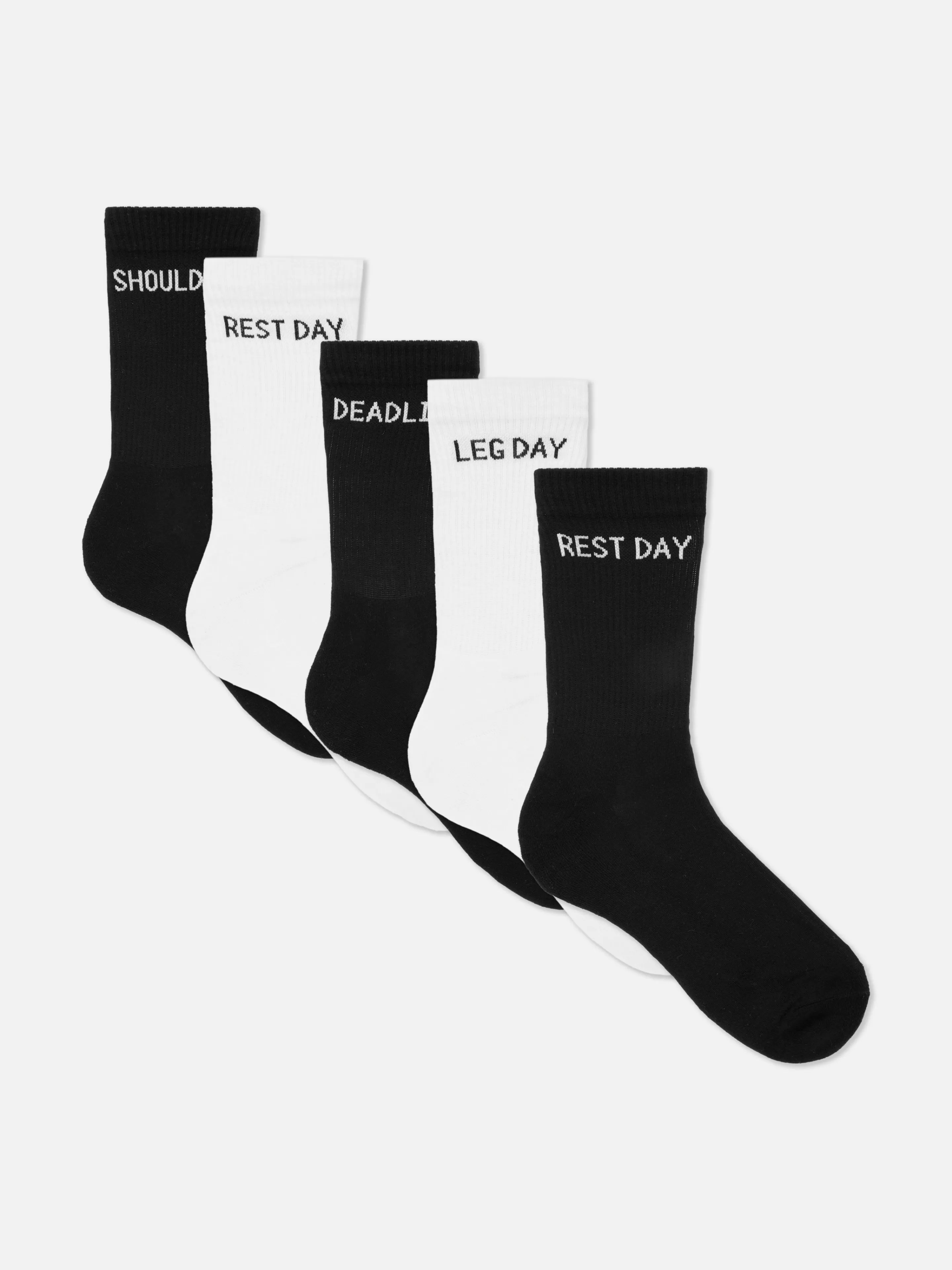 Primark Socken | Sportbekleidung | Crew-Sportsocken Mit Slogan, 5er-Pack Schwarz/Weiß