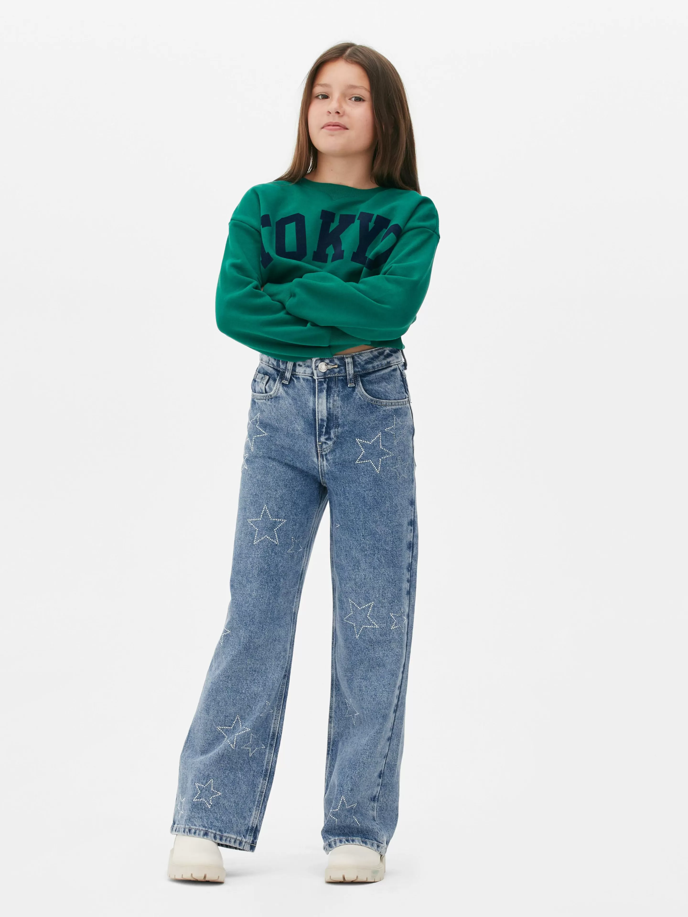 Primark Jeans | Denim-Jeans Mit Weitem Bein Und Strasssteinen In Sternform Blau