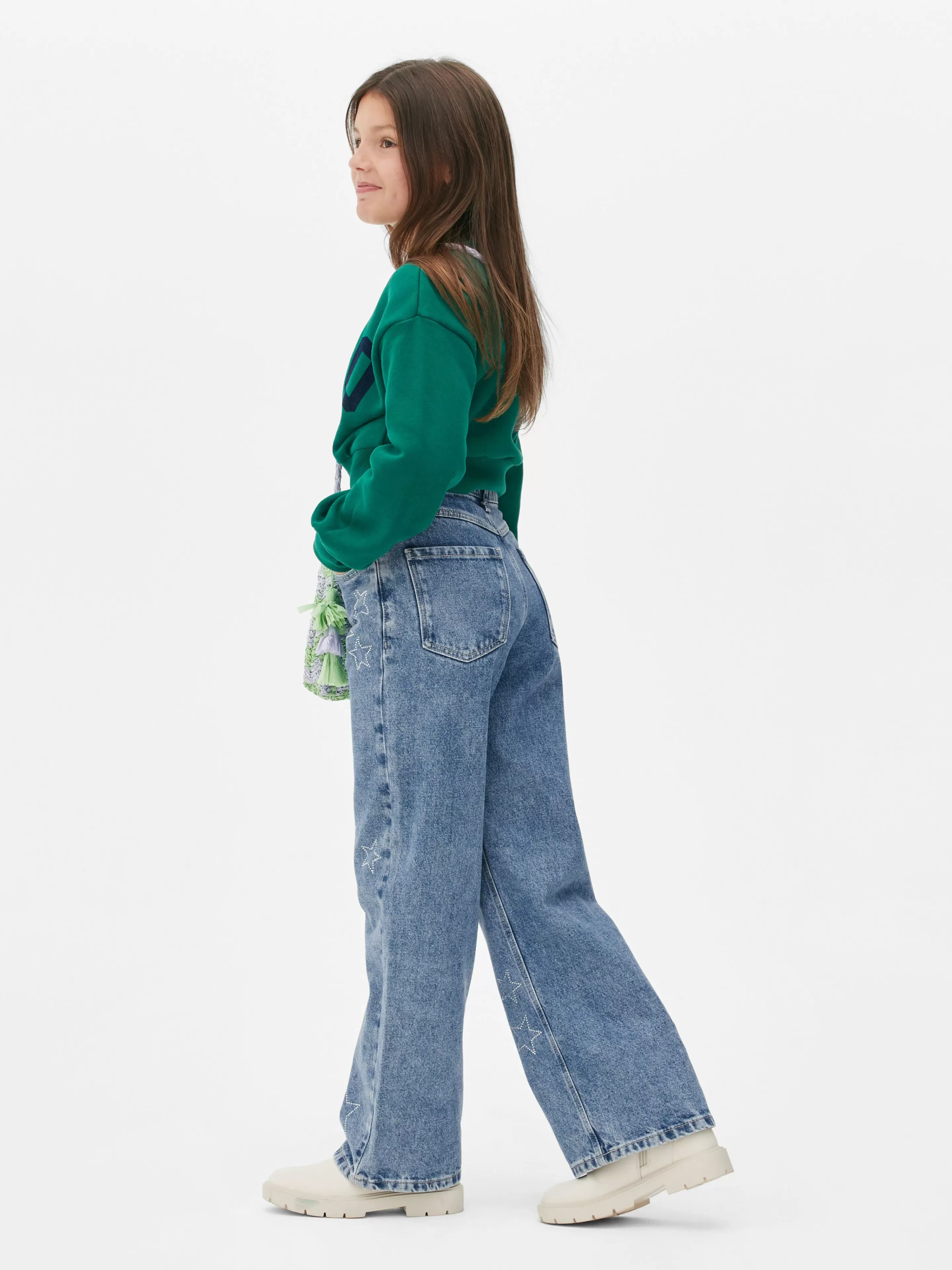 Primark Jeans | Denim-Jeans Mit Weitem Bein Und Strasssteinen In Sternform Blau