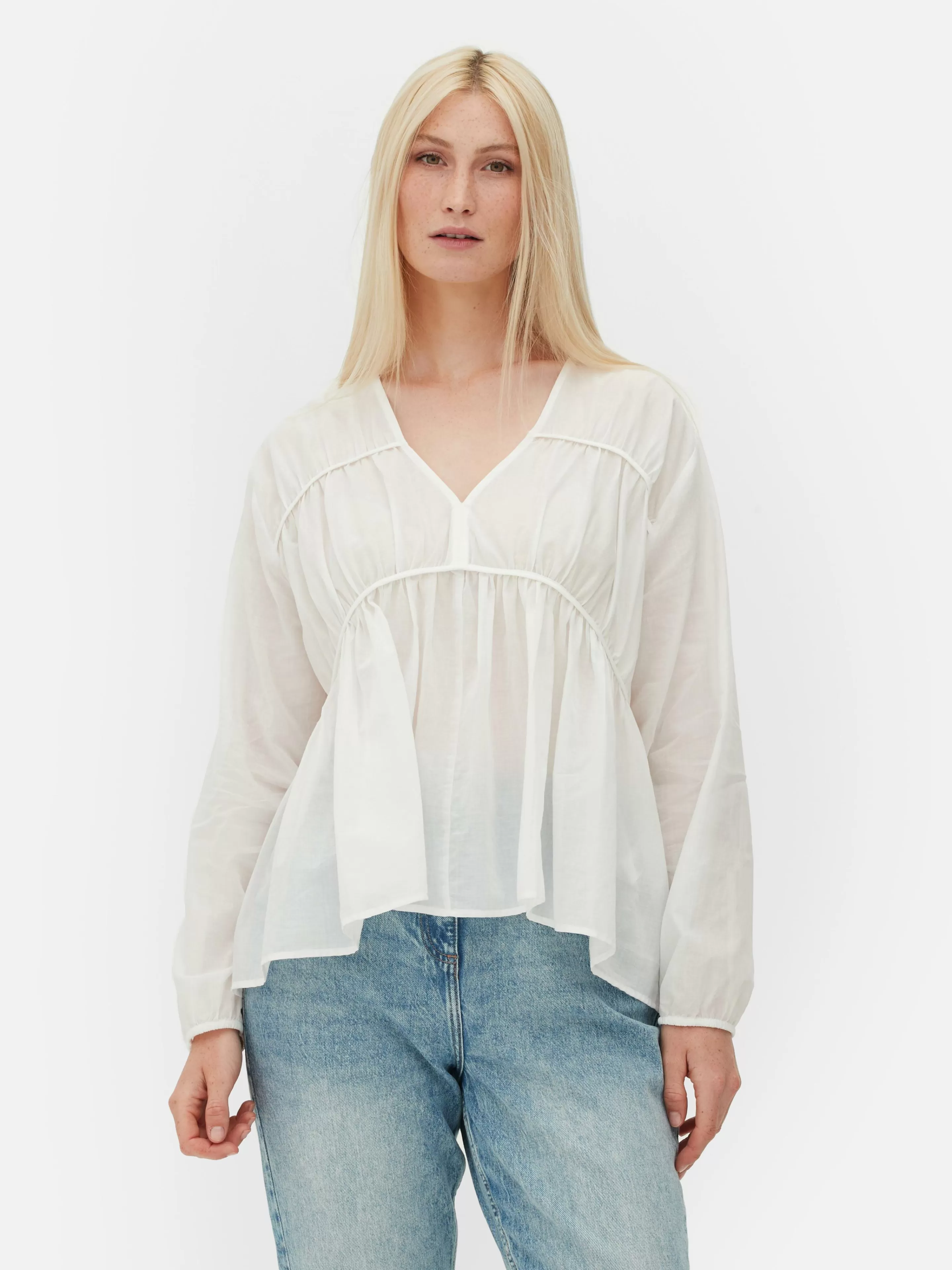 Primark Blusen | Drapierte, Gesmokte Bluse Aus Voile Weiß