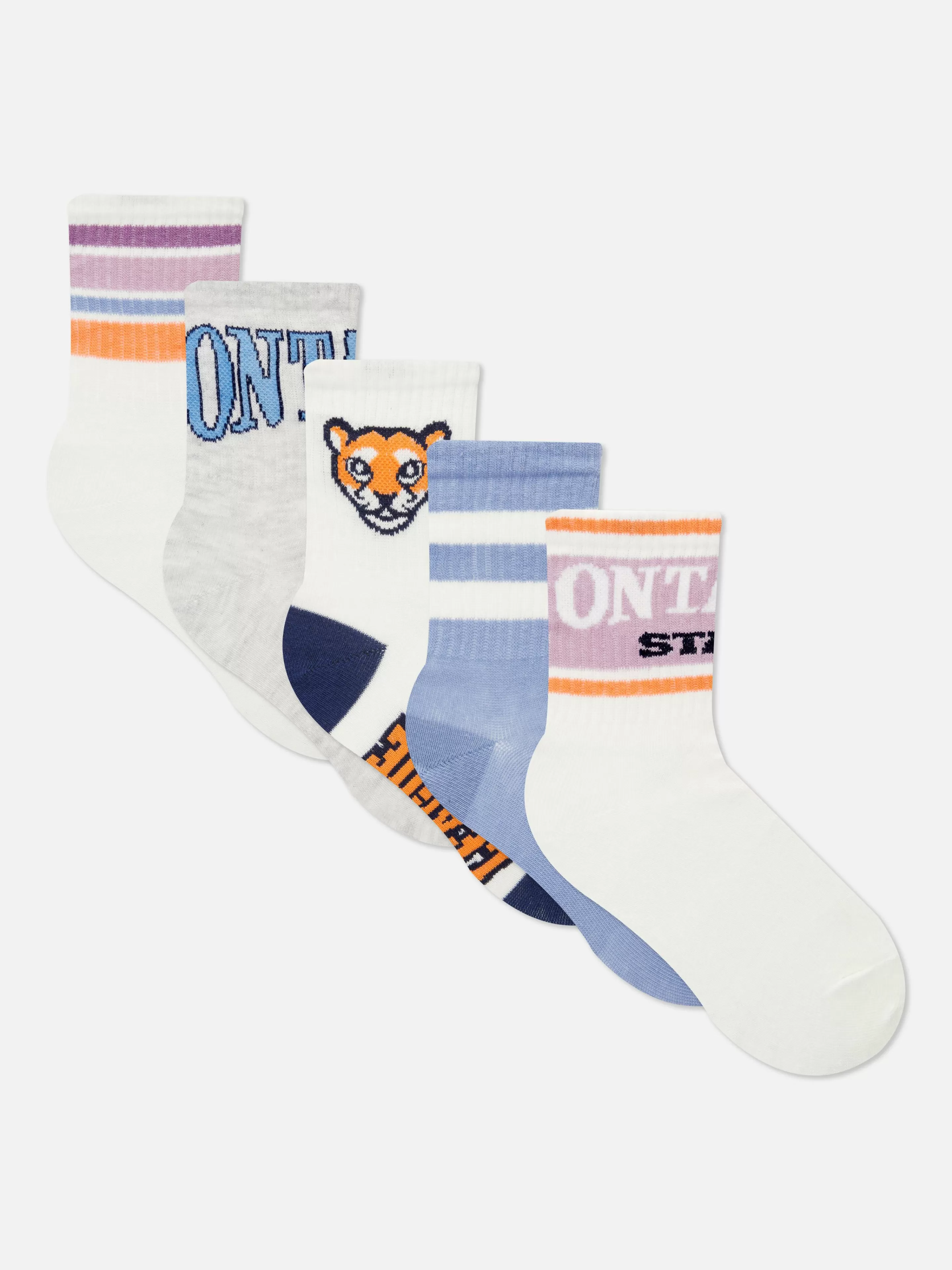 Primark Socken Und Strumpfhosen | Gerippte Söckchen Mit College-Prints, 5er-Pack Orange