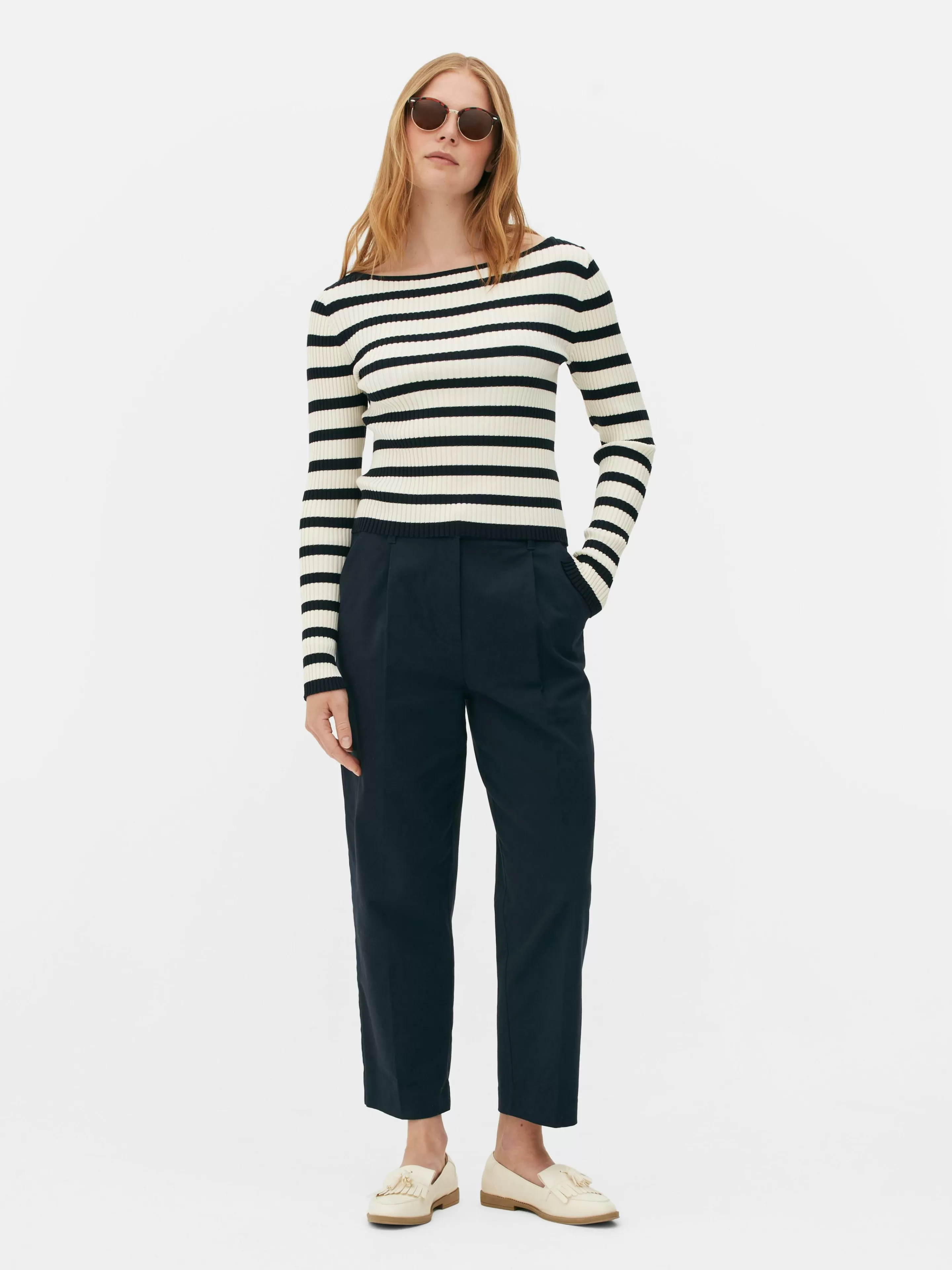 Primark Pullover Und Cardigans | Geripptes Top Mit U-Boot-Ausschnitt Marineblau