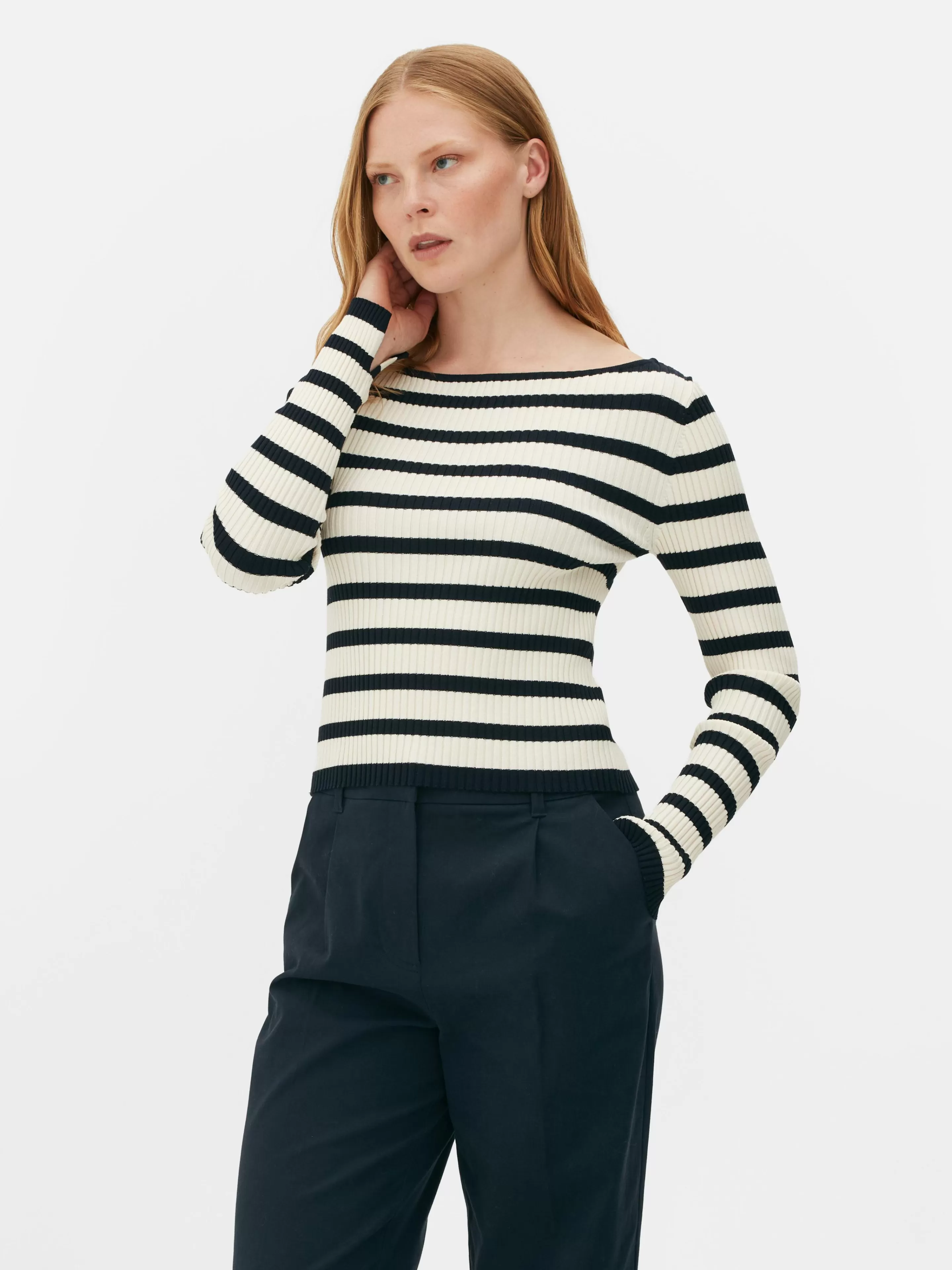 Primark Pullover Und Cardigans | Geripptes Top Mit U-Boot-Ausschnitt Marineblau