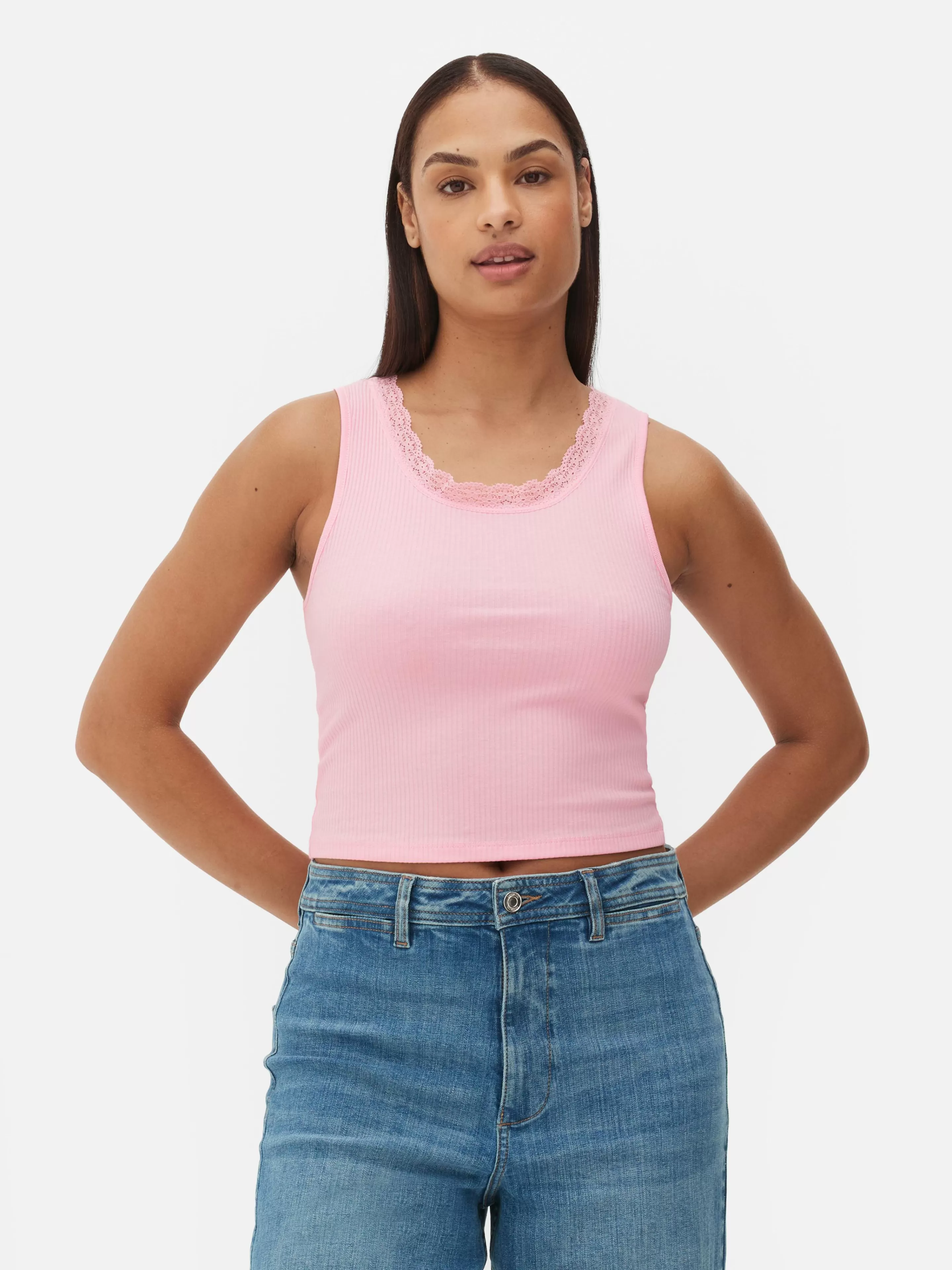 Primark Tops Und T-Shirts | Geripptes Trägertop Mit Spitzenbesatz Rosa