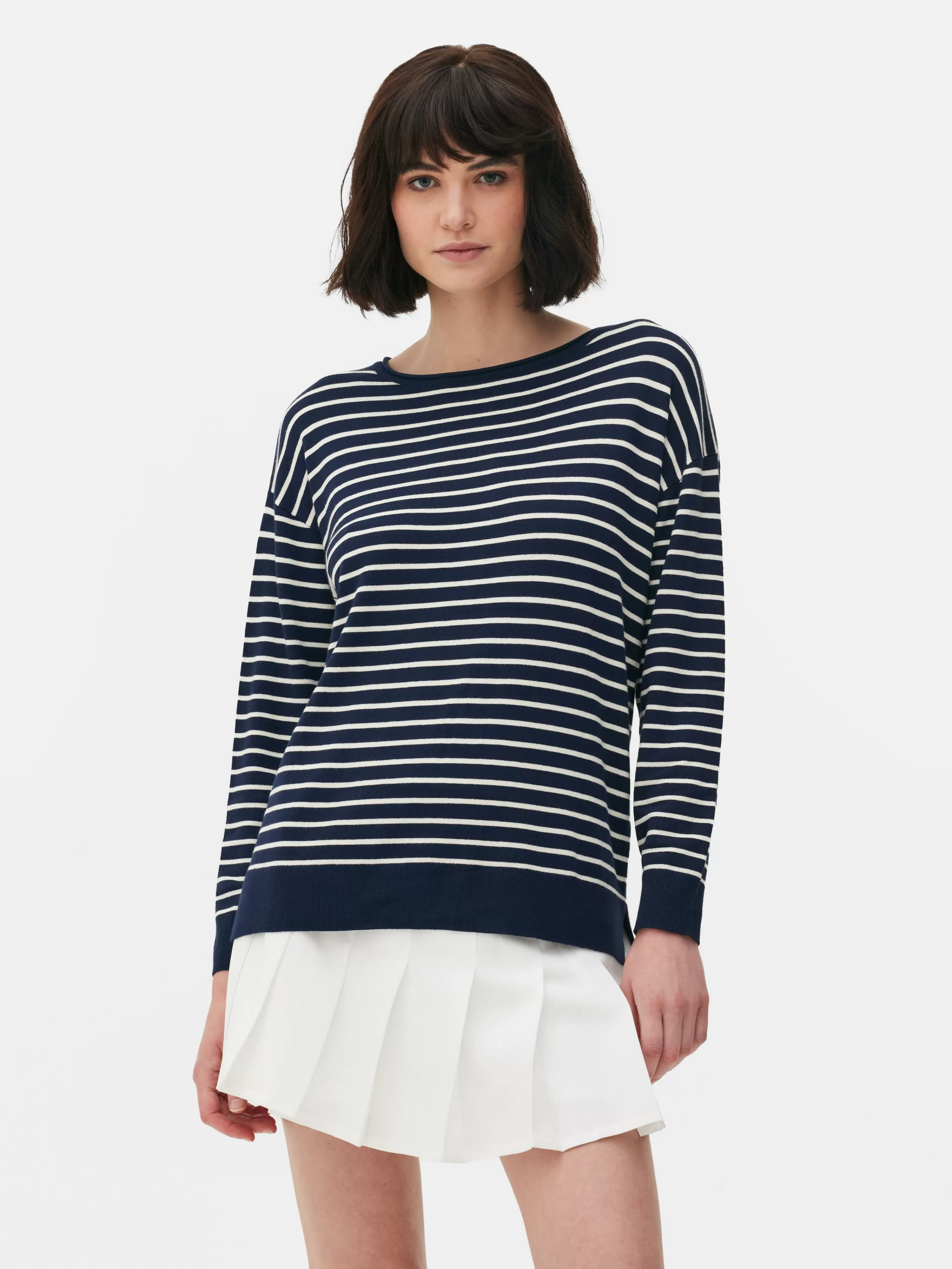 Primark Pullover Und Cardigans | Gestreifter Feinstrickpullover Mit U-Boot-Ausschnitt Marineblau