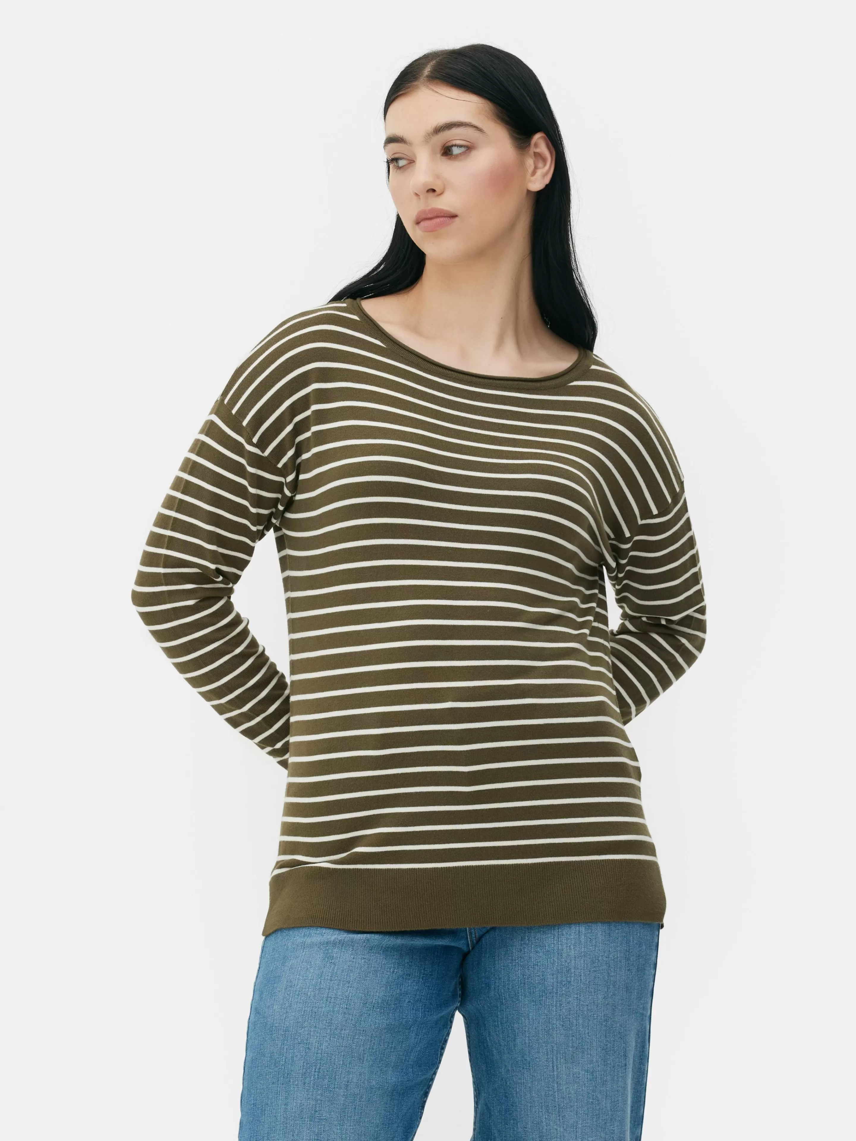 Primark Pullover Und Cardigans | Gestreifter Feinstrickpullover Mit U-Boot-Ausschnitt Khakifarben