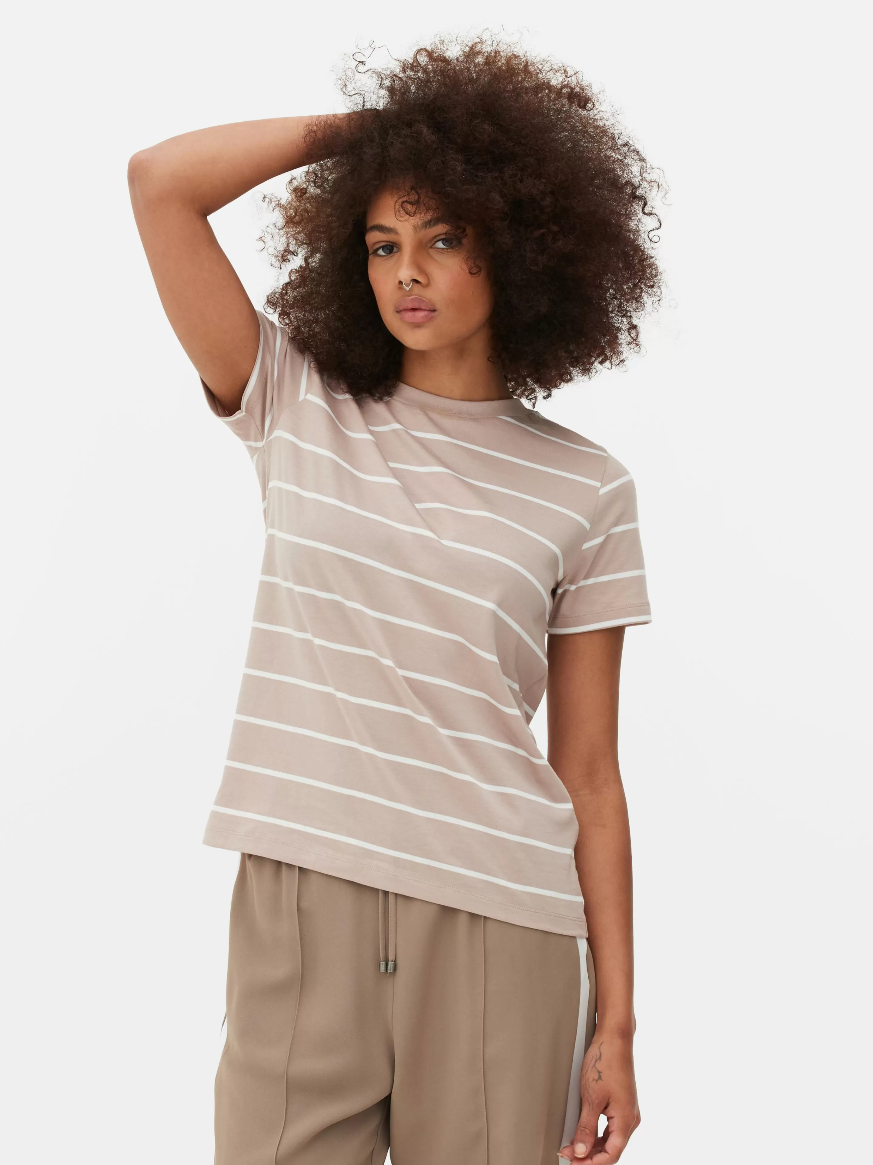 Primark Tops Und T-Shirts | Gestreiftes T-Shirt Mit Rundhalsausschnitt Braun