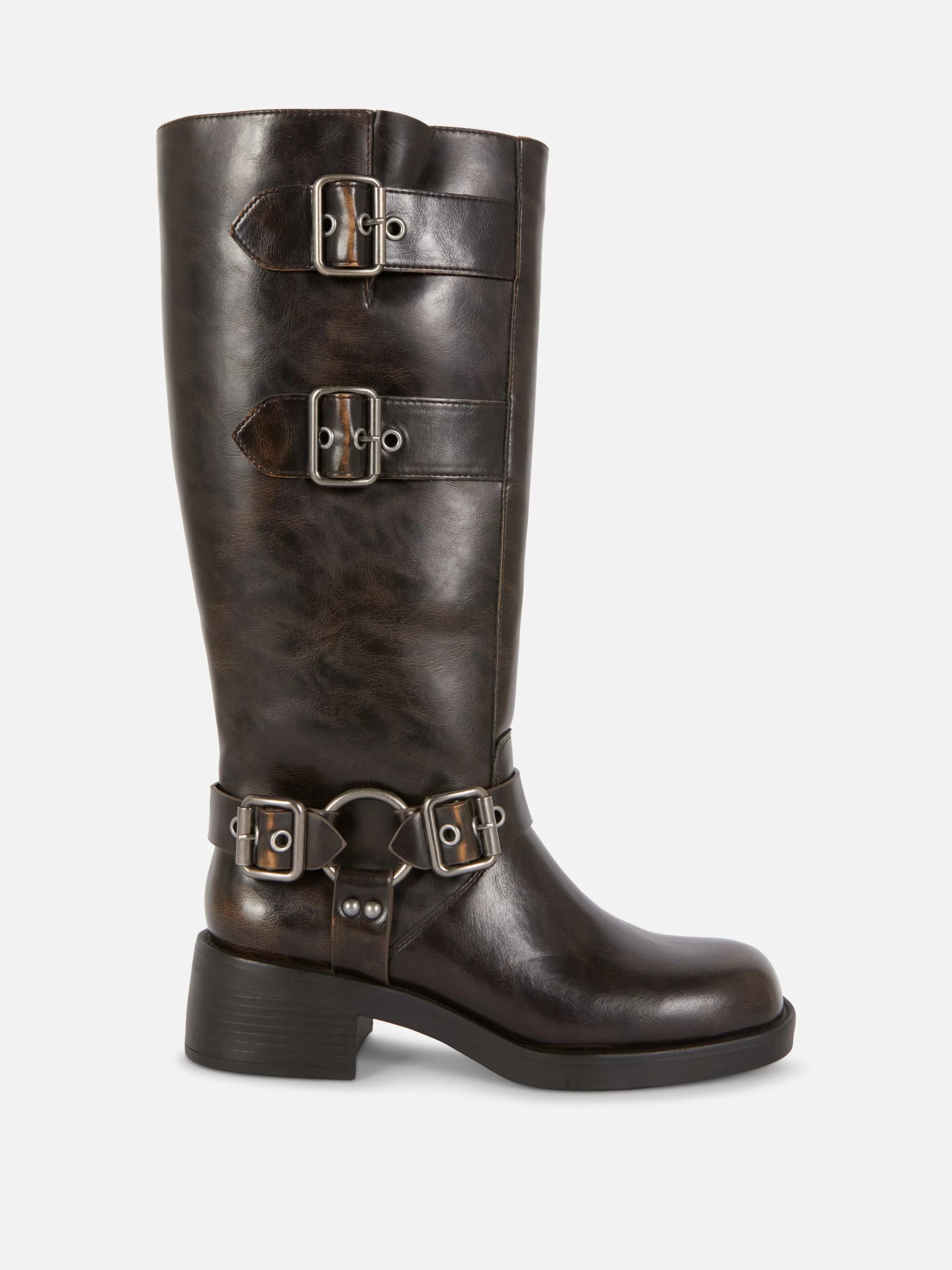 Primark Stiefel | Kniehohe „Rita Ora“ Bikerstiefel Braun