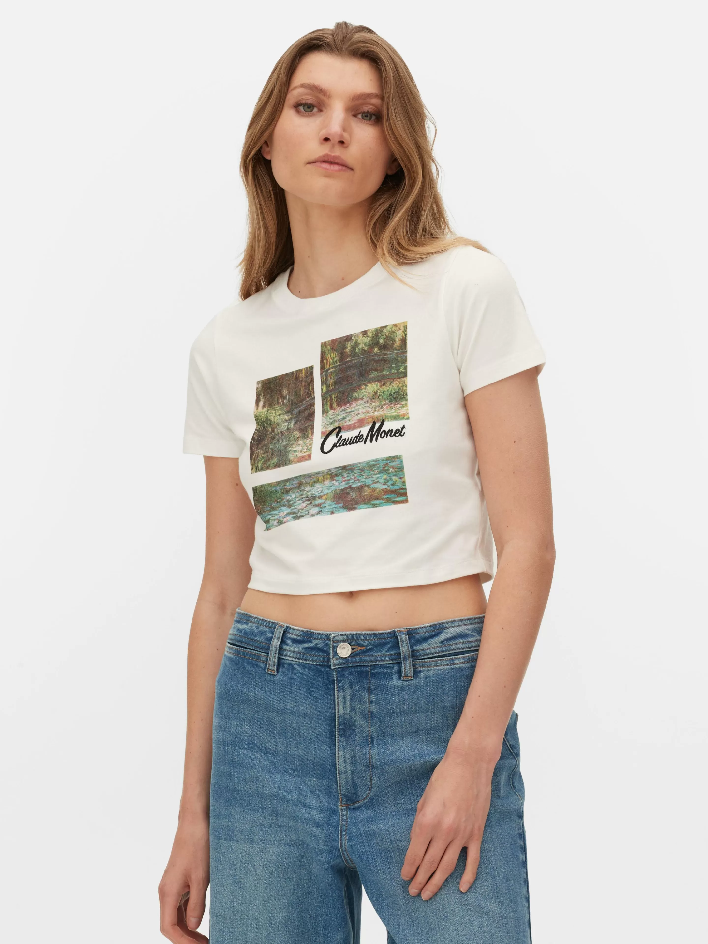 Primark Tops Und T-Shirts | Kurzes „Claude Monet“ T-Shirt Mit Grafik Elfenbeinfarben