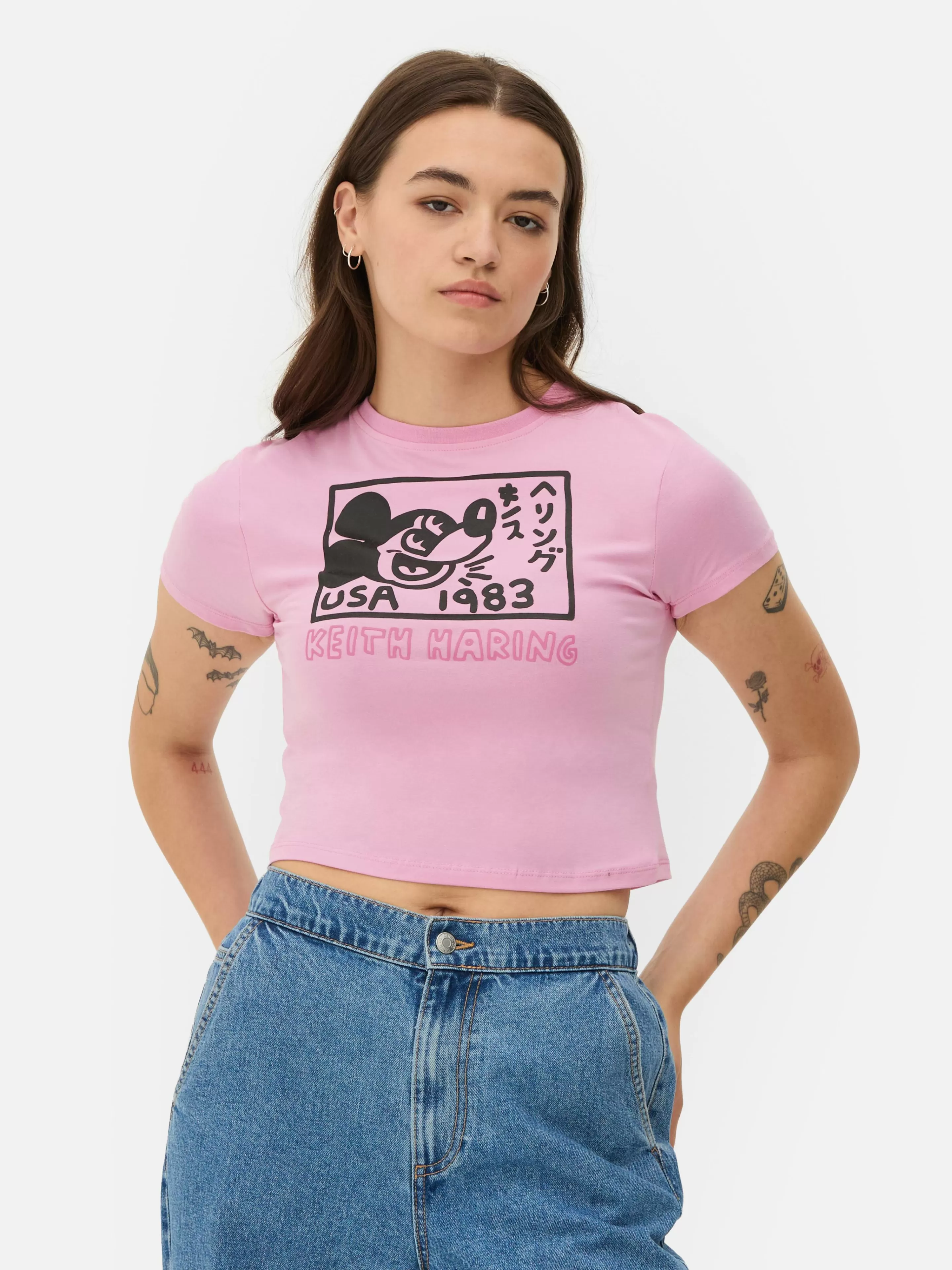 Primark Tops Und T-Shirts | Kurzes „Disney Micky Maus X Keith Haring“ T-Shirt Rosa