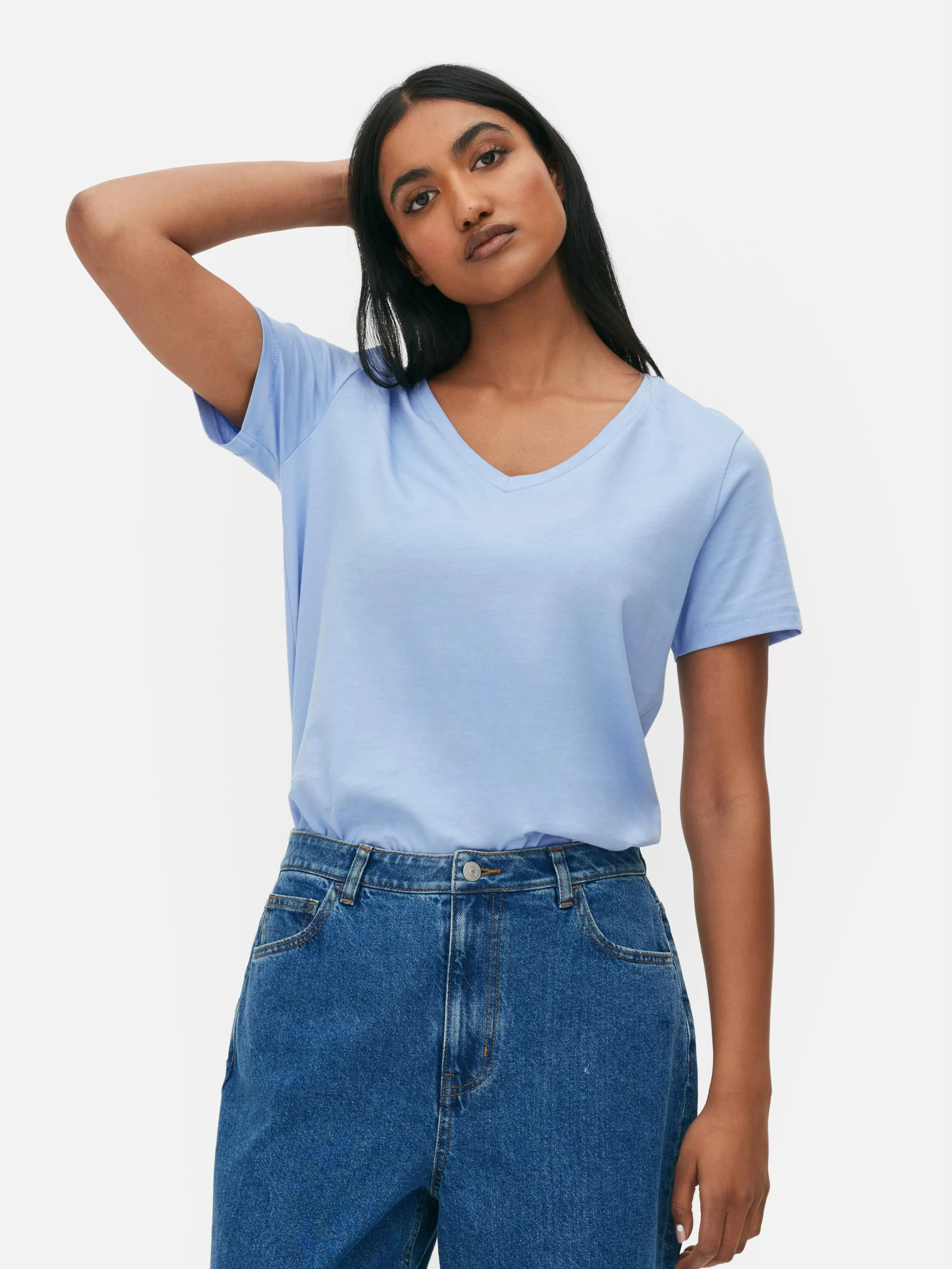 Primark Tops Und T-Shirts | Kurzärmeliges T-Shirt Mit V-Ausschnitt Mittelblau