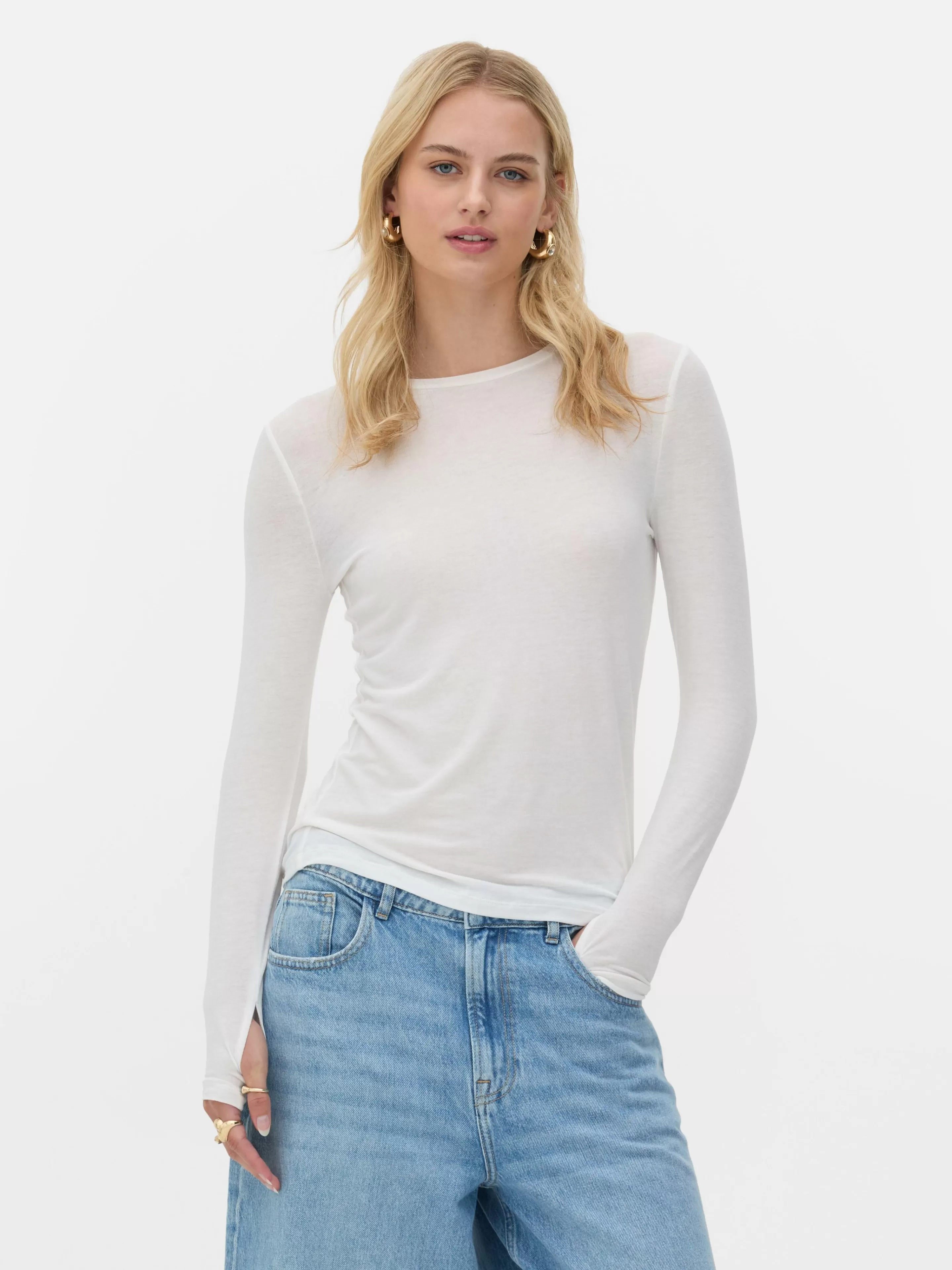 Primark Tops Und T-Shirts | Langärmeliges „Rita Ora“ Stretch-T-Shirt Elfenbeinfarben