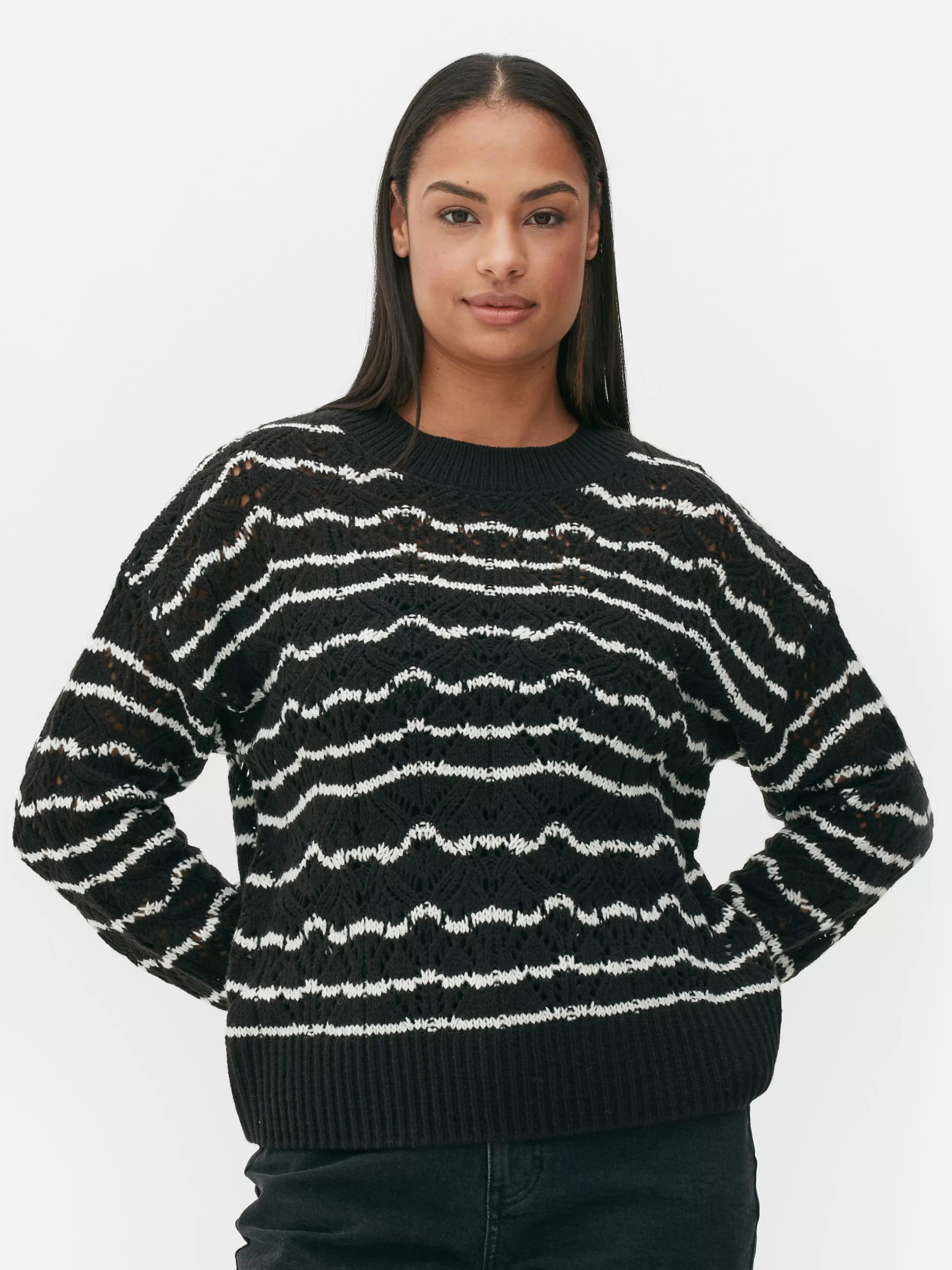 Primark Pullover Und Cardigans | Lochstrickpullover Mit Rundhalsausschnitt Schwarz/Weiß