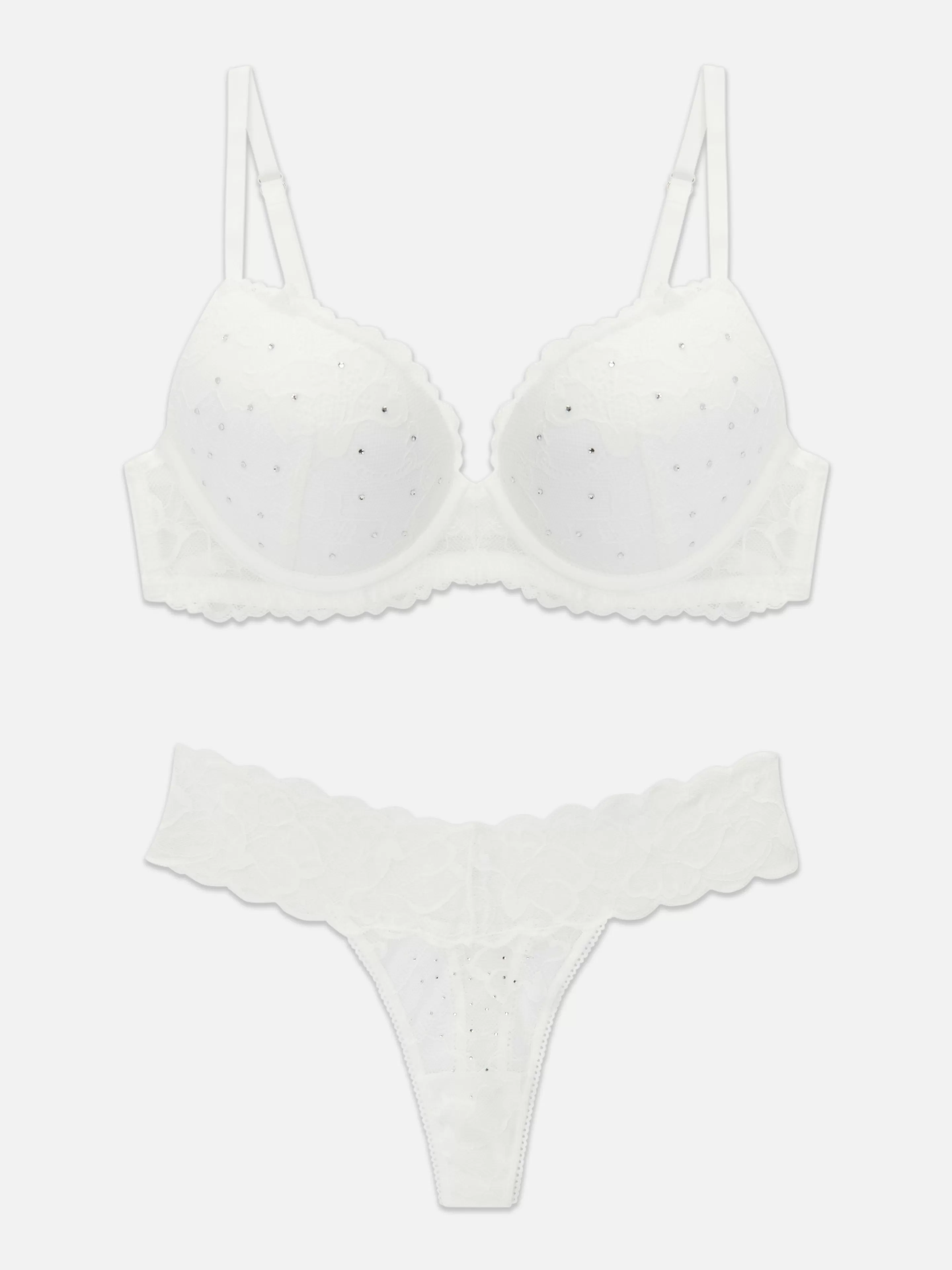 Primark Dessous-Sets | Maximizer-BH Und Tanga Mit Strasssteinen Und Spitze Weiß