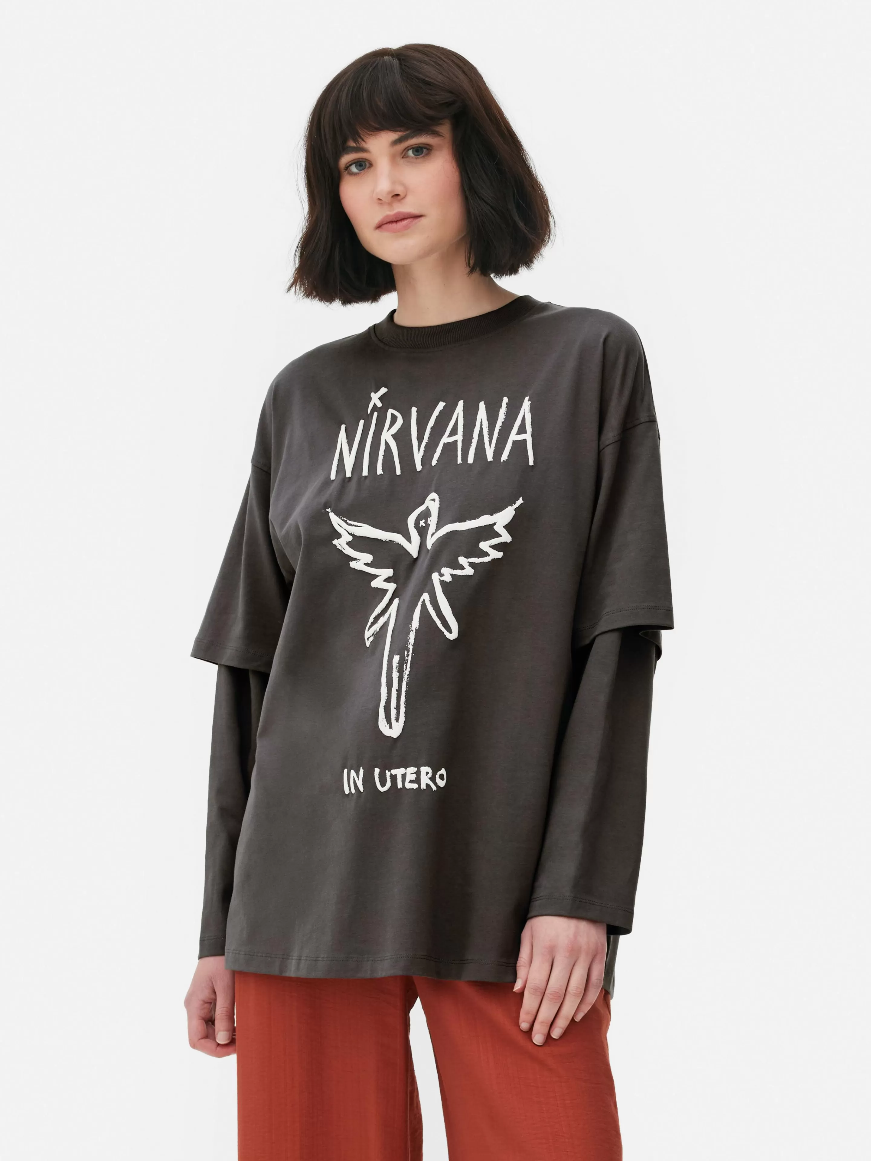 Primark Tops Und T-Shirts | „Nirvana“ Doppellagiges T-Shirt Anthrazitfarben