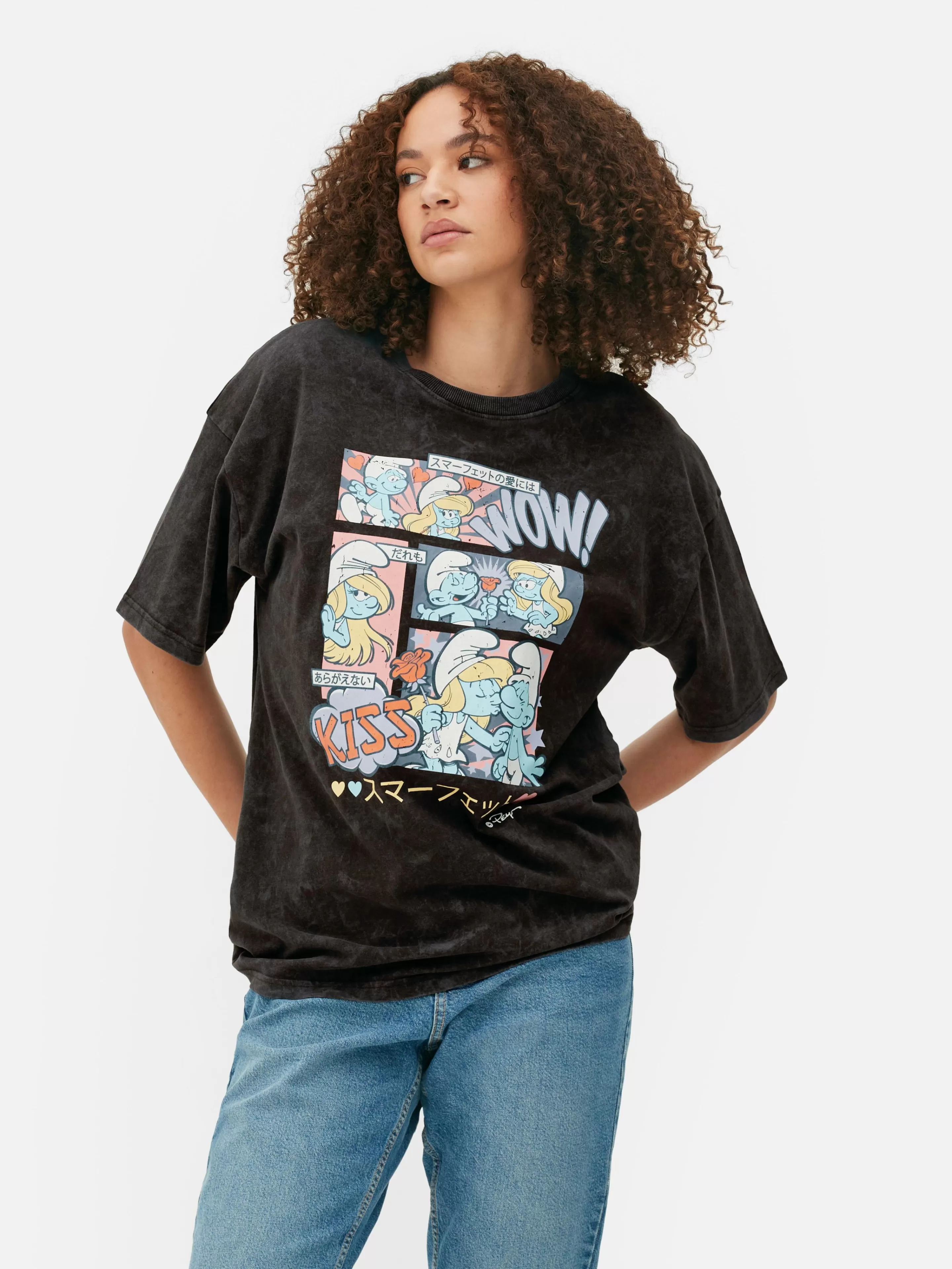 Primark Tops Und T-Shirts | Oversized-T-Shirt Mit „Die Schlümpfe“ Comic-Print Anthrazitfarben