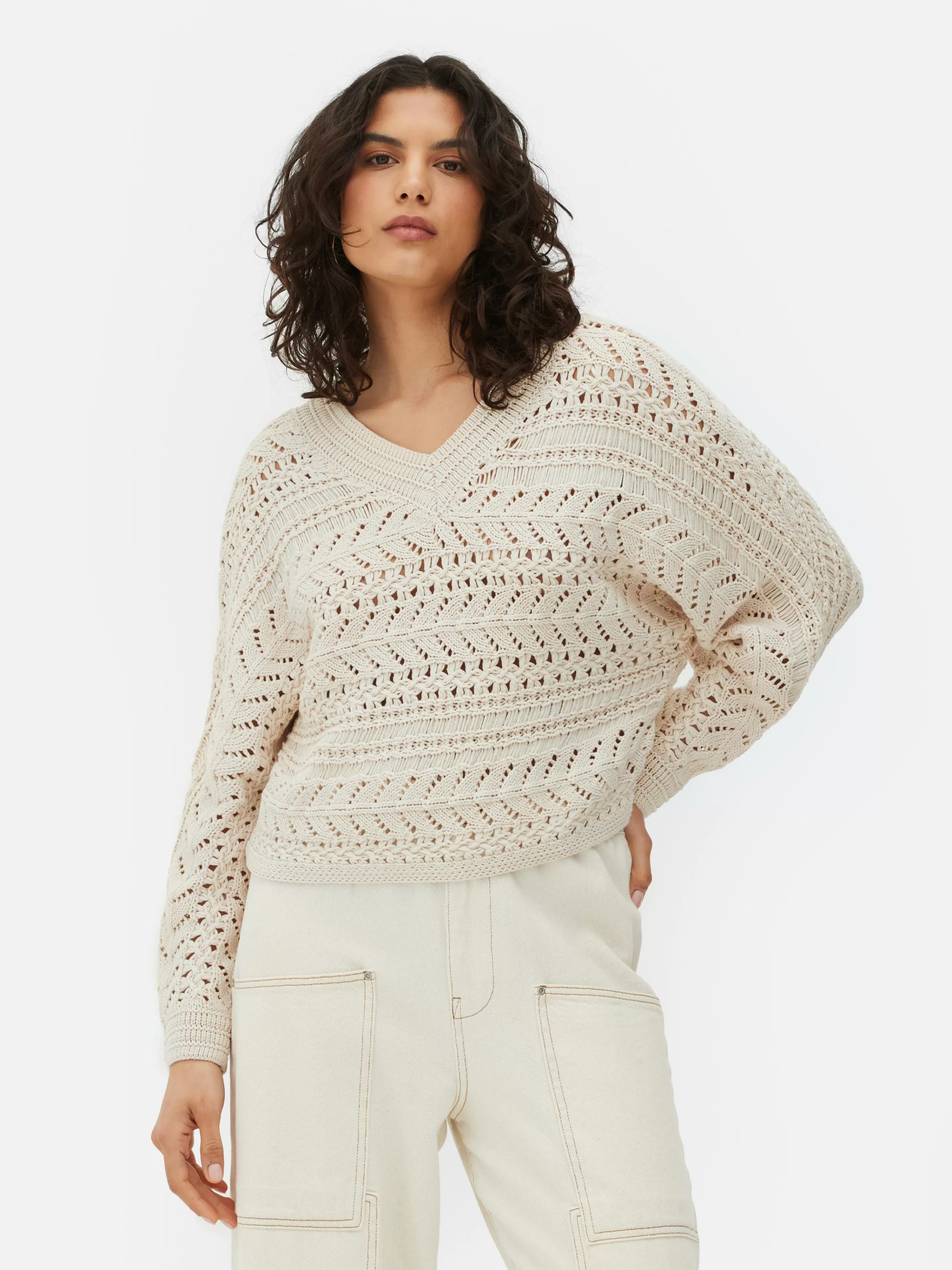 Primark Pullover Und Cardigans | Pointelle-Strickpullover Mit V-Ausschnitt Beige