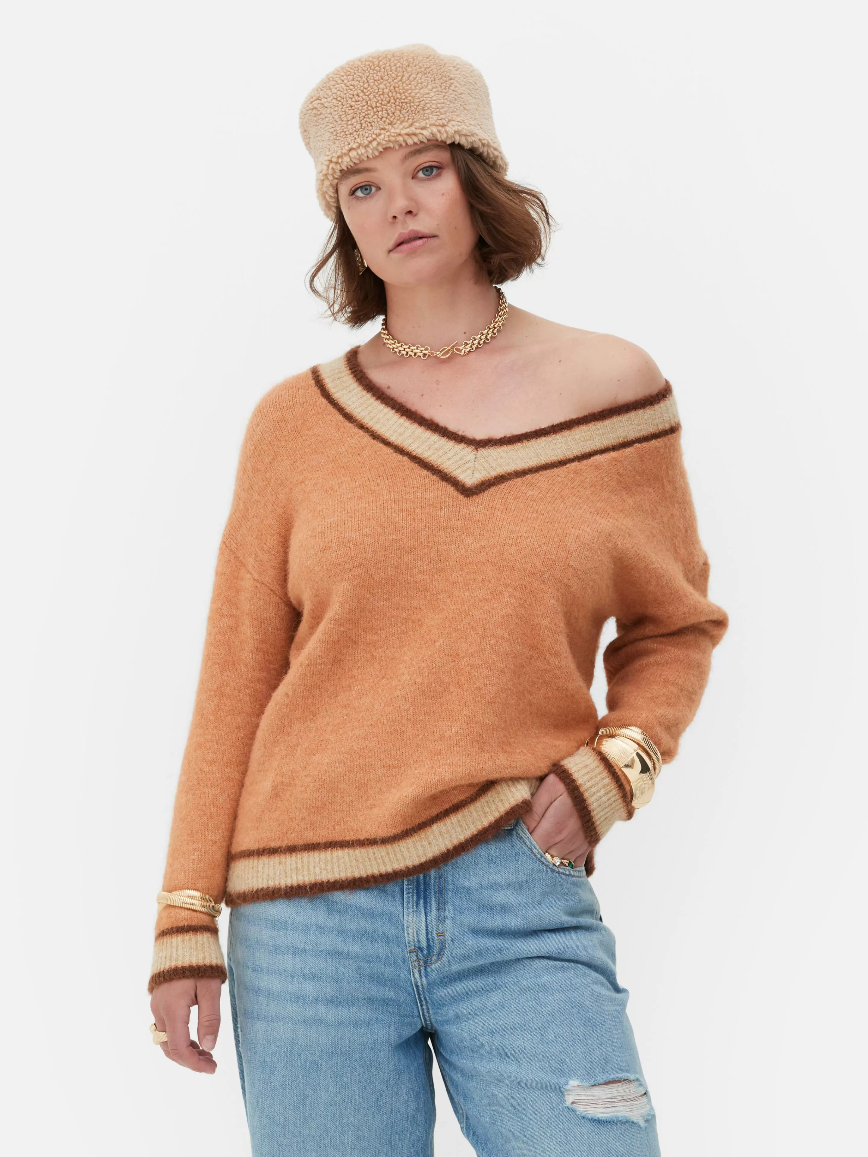 Primark Pullover Und Cardigans | „Rita Ora“ Vintage-Pullover Mit V-Ausschnitt Pfirsichfarben