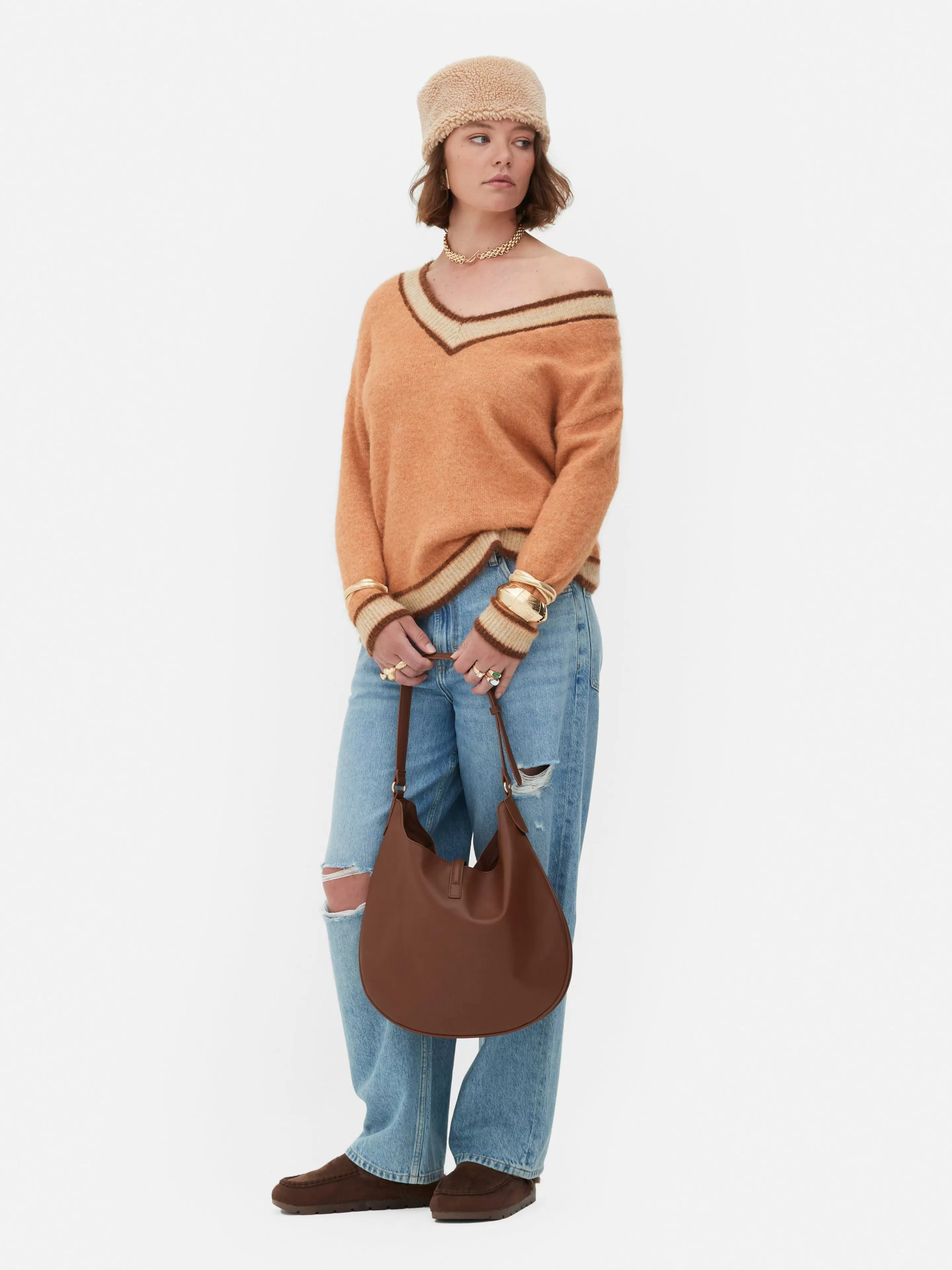 Primark Pullover Und Cardigans | „Rita Ora“ Vintage-Pullover Mit V-Ausschnitt Pfirsichfarben