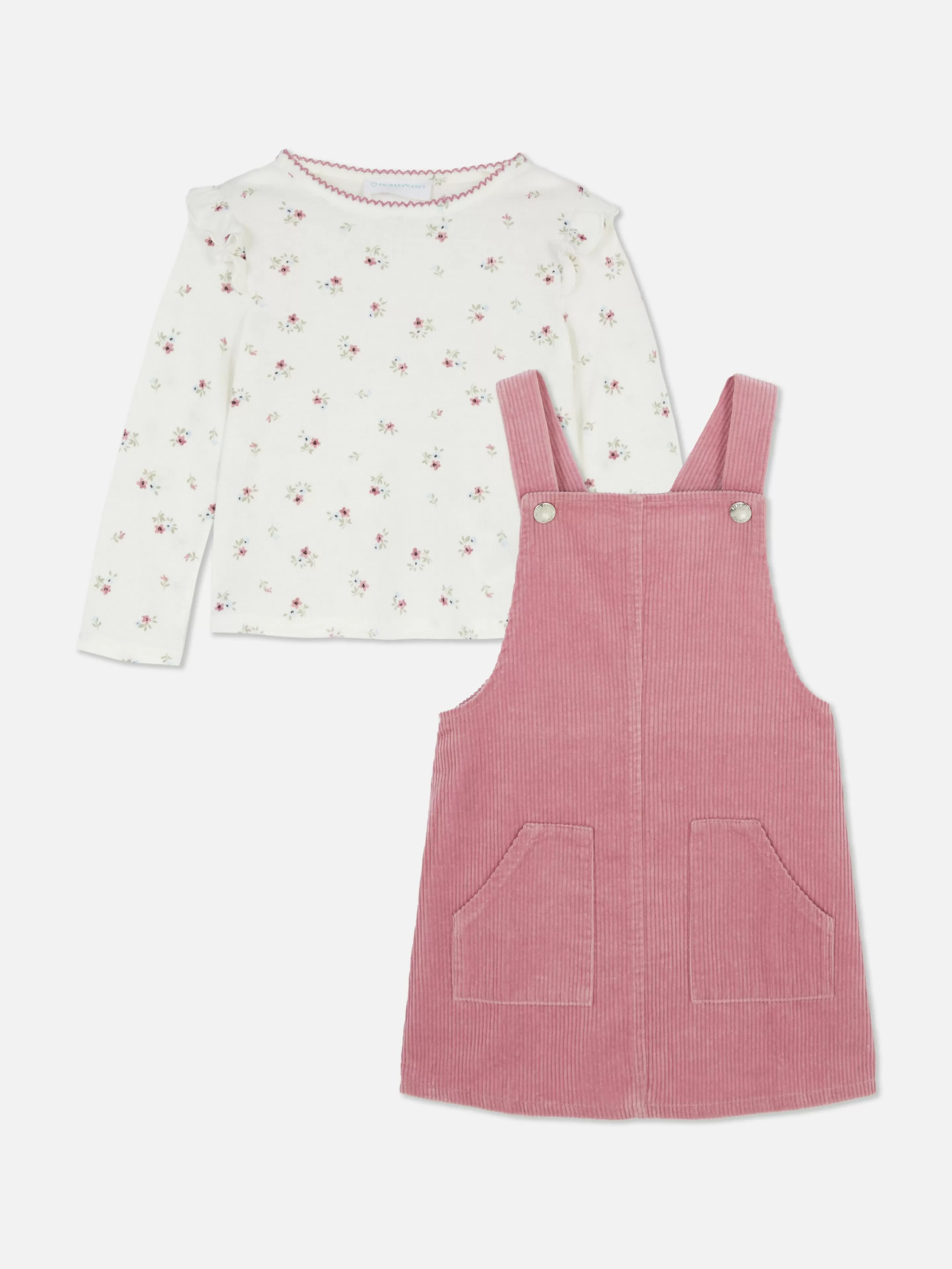 Primark Sets Und Outfits | Set Aus T-Shirt Mit Blumenmuster Und Trägerkleid Aus Cord Rosa