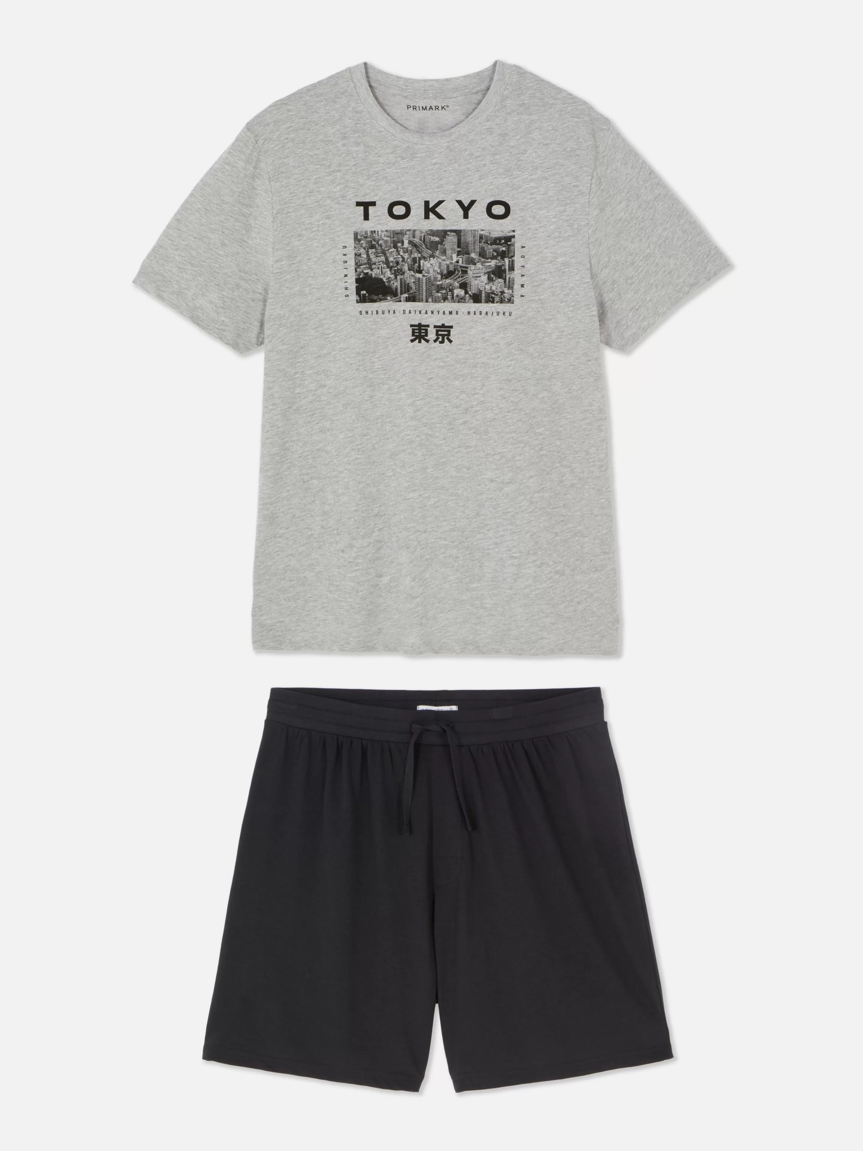 Primark Schlafanzüge | „Tokyo“ Schlafanzug Mit T-Shirt Und Shorts Grau meliert