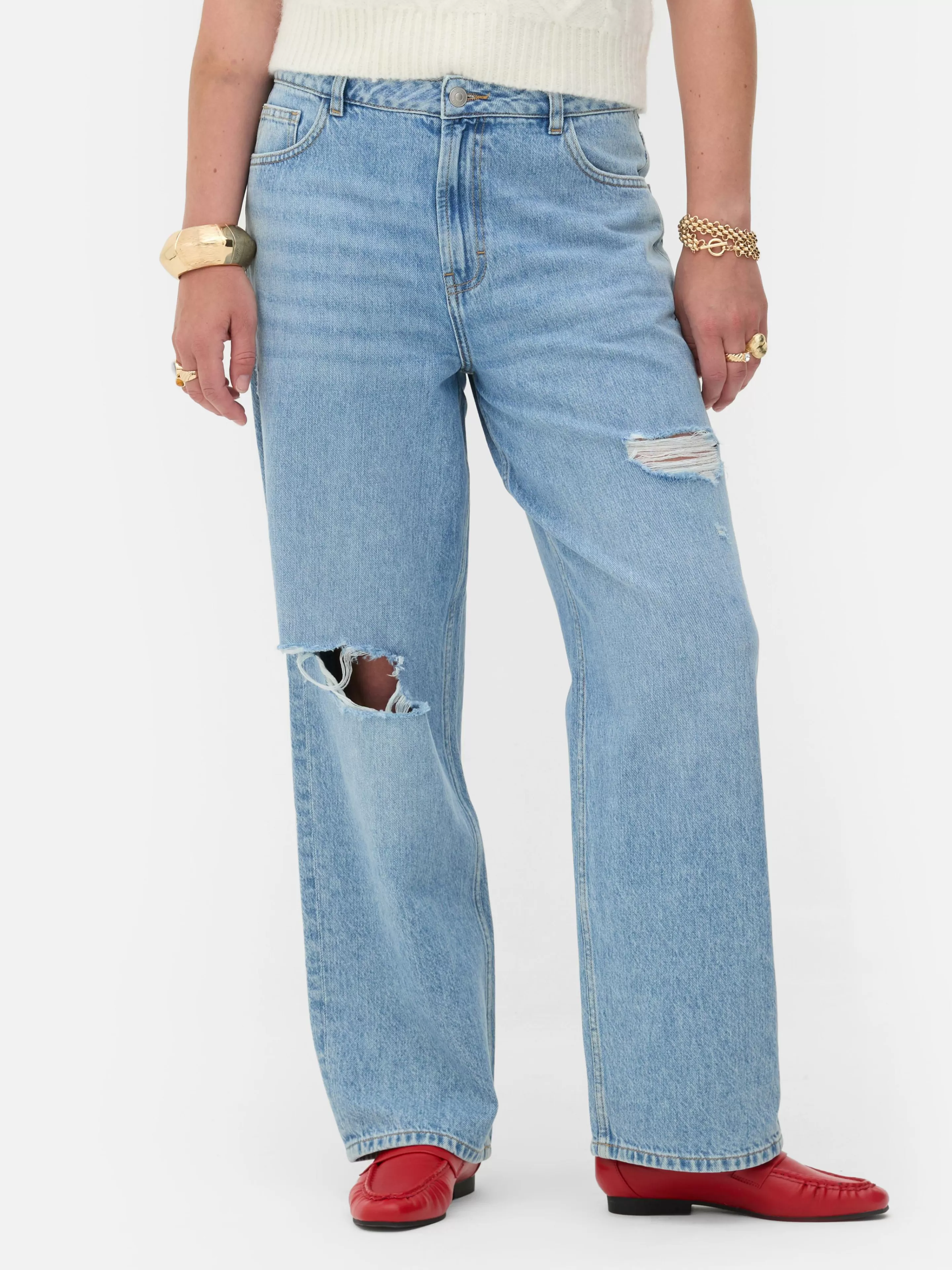 Primark Jeans | Zerrissene „Rita Ora“ Dad-Jeans Mittelblau